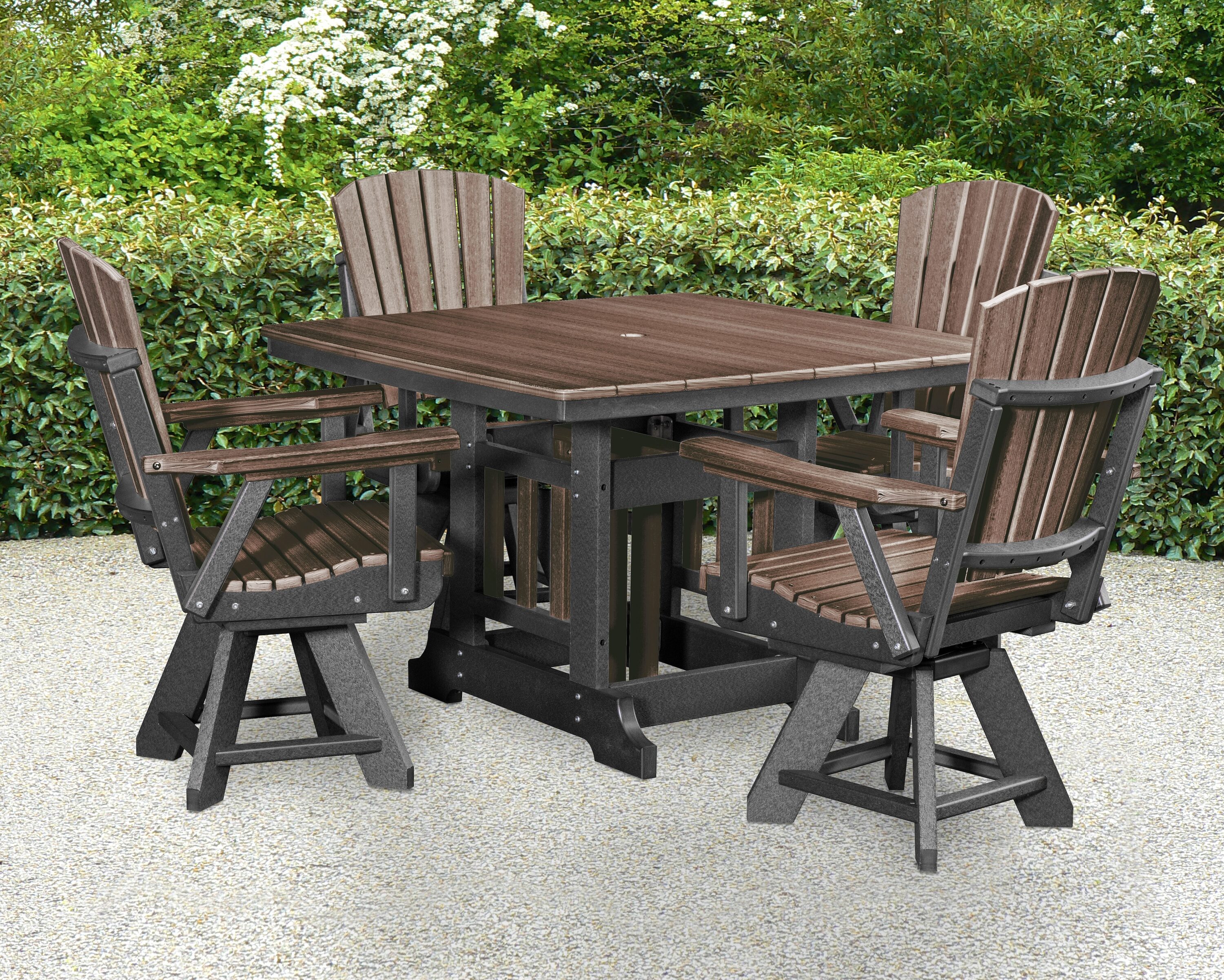 American Furniture Classics DJ130BZBK-K Adirondack 5 -Piece BLACK Patio Dining Set HDPE Square Table with 4 Swivel Chairs