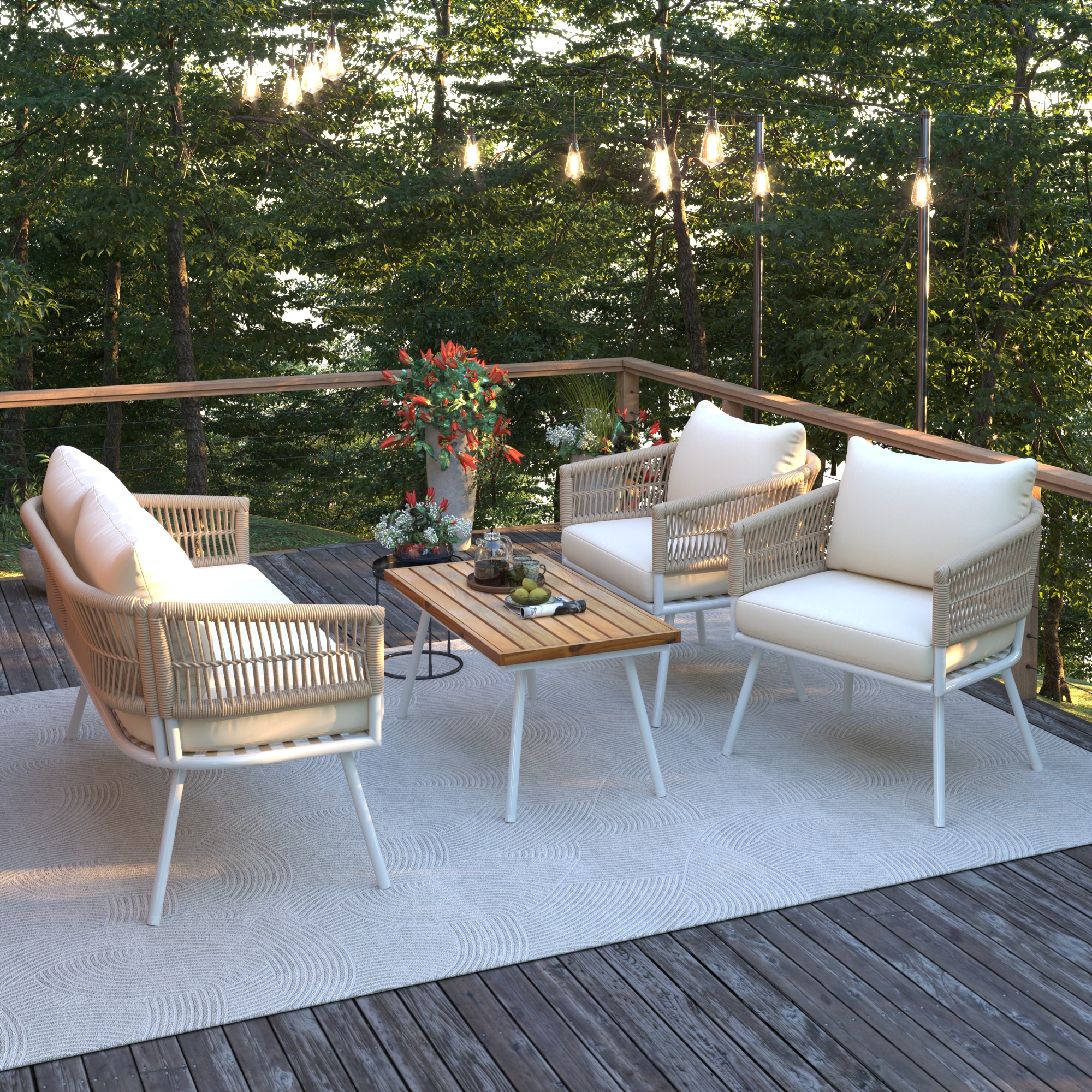 GDFStudio - 4-Piece Boho Rope Patio Furniture Set Outdoor Furniture with Acacia Wood Table Patio ...