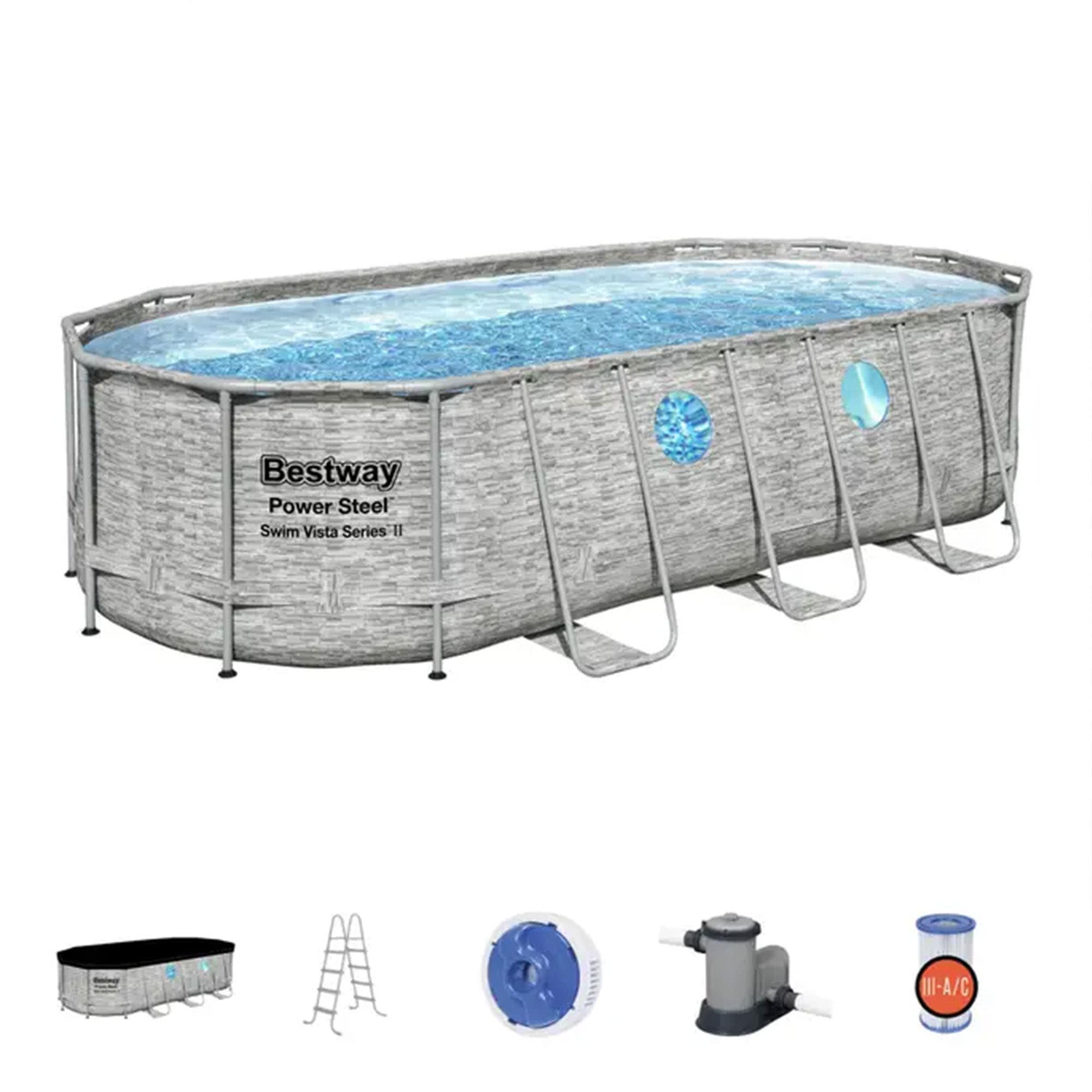 Bestway Power Steel Swim Vista 18-ft x 9-ft x 48-in Metal Frame Oval Above-Ground Pool with Filter Pump,Ground Cloth,Pool Cover and Ladder Polyester -  147489