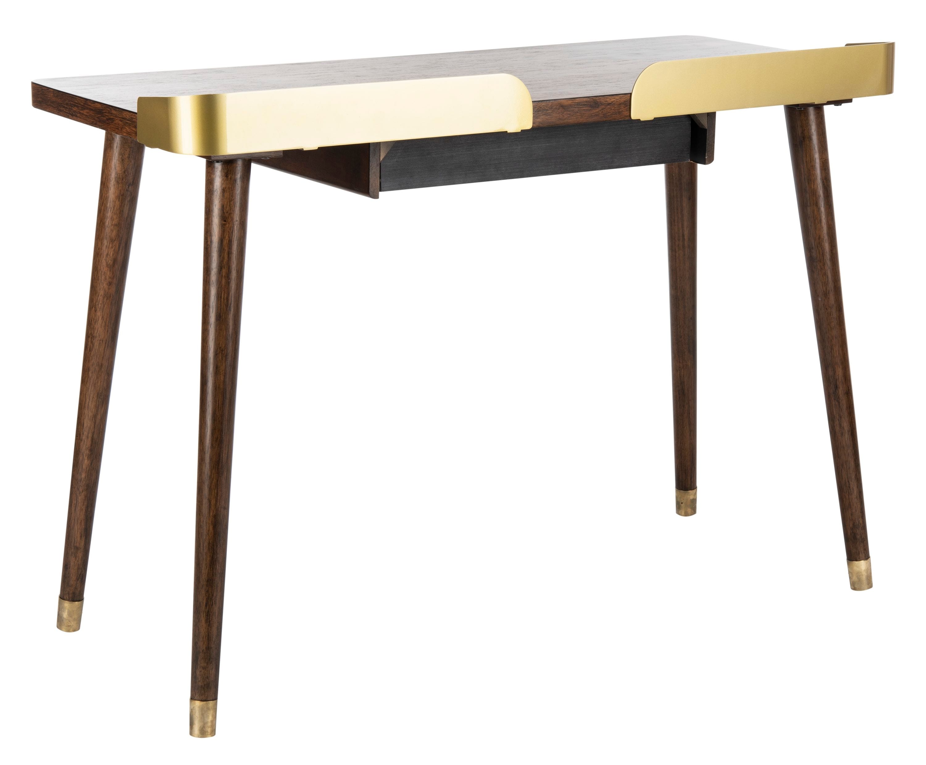 Walnut and Gold Transitional Home Office Desk with Drawer