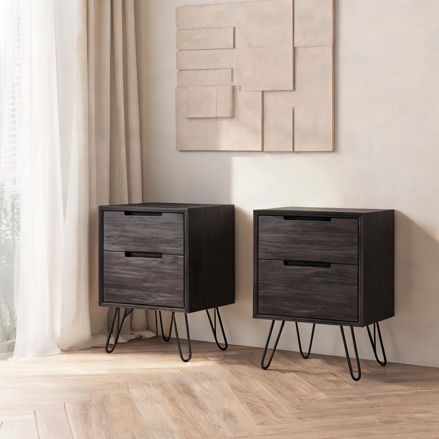 Watnature Wenge finish modern nightstand set of 2 with two drawers for minimalist bedroom storage