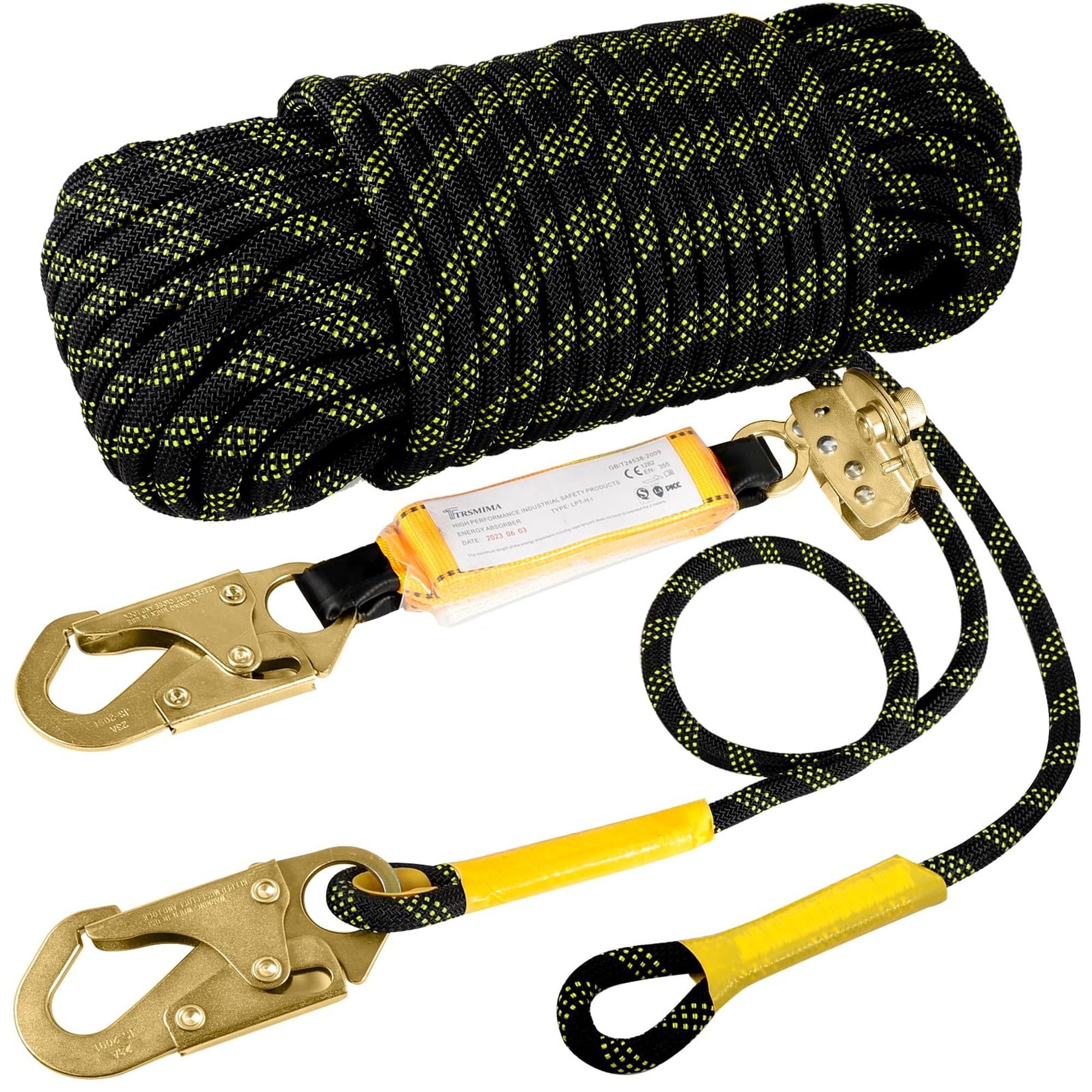 Wudkey 50FT Fall Protection Rope Lanyard Kit with Rope Grab and Shock Absorber #L4-YW5P4K