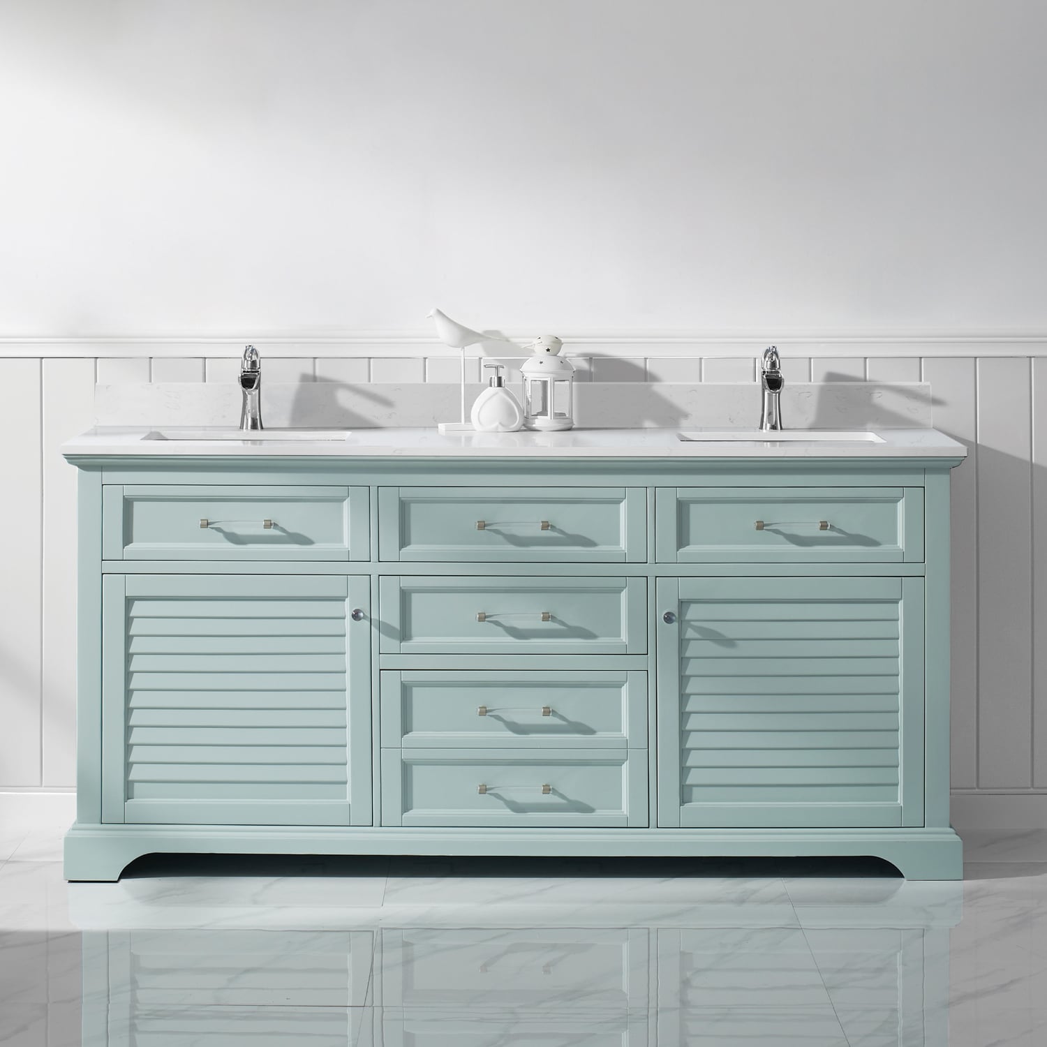 Vinnova 783072-FG-WS-NM Lorna 72-in Finnish Green Undermount Double sink Bathroom Vanity with White Engineered stone Top