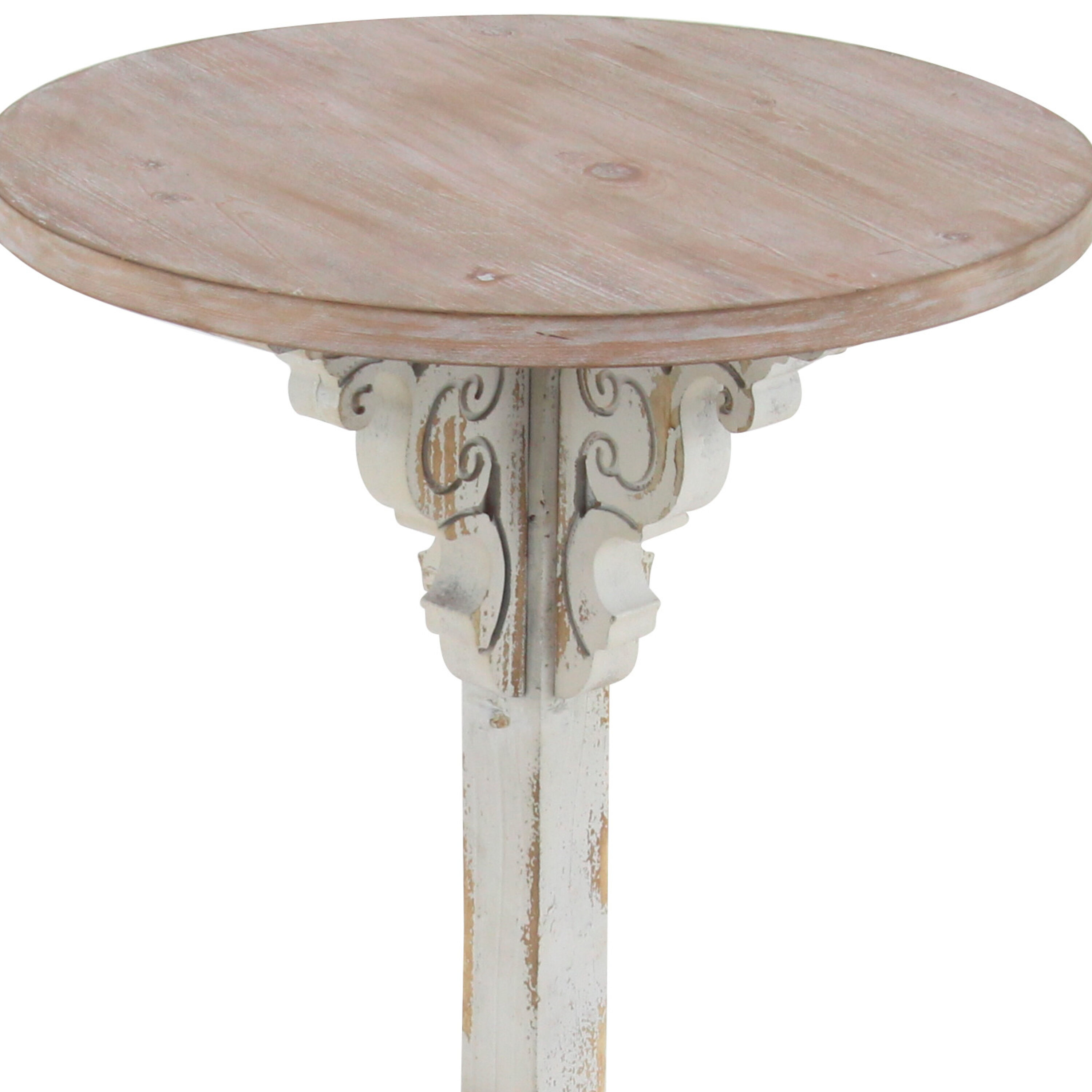 White and Beige Carved Wood Round Accent Table