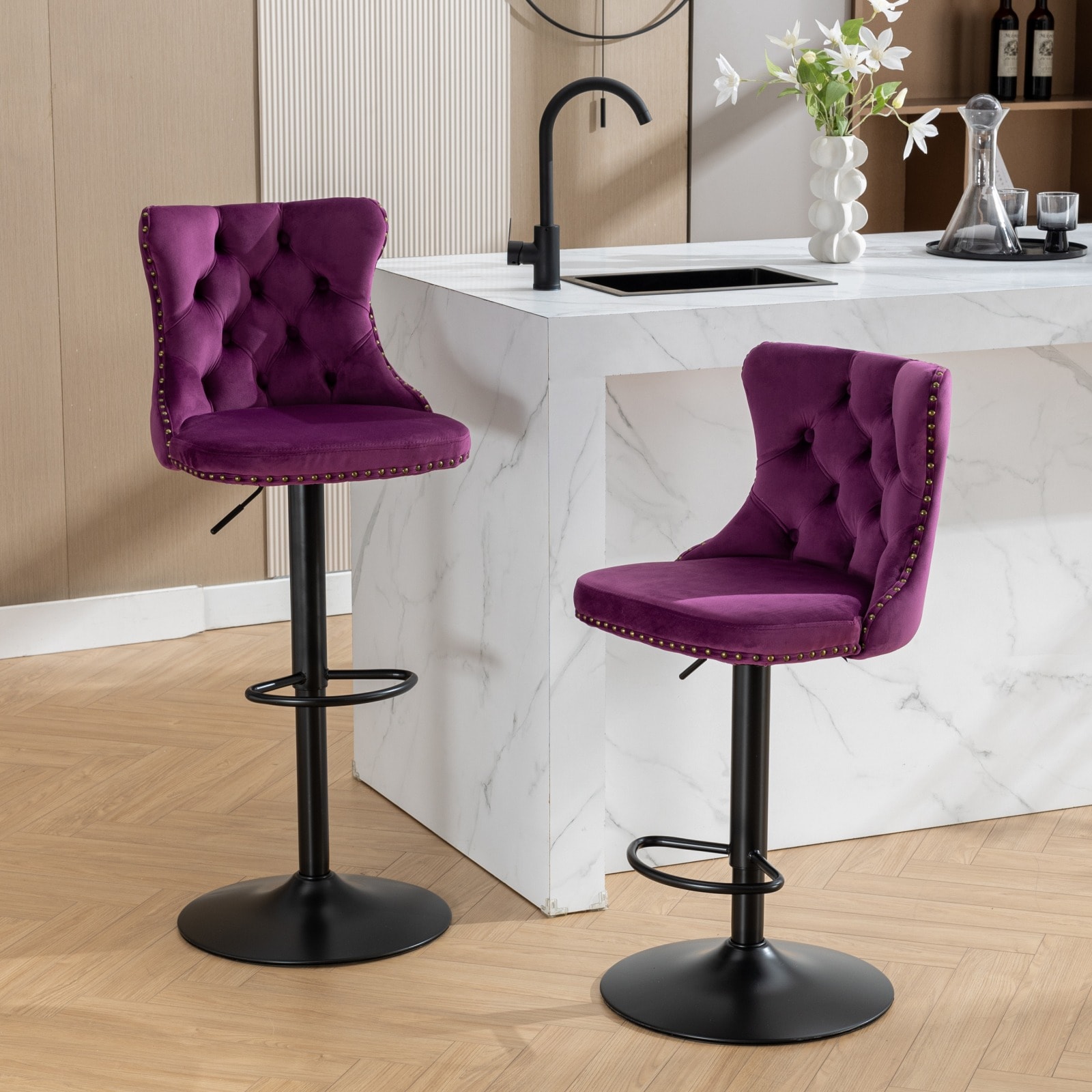GDFStudio Set of 2 Atlantic Swivel Velvet Barstools Adjustable Seat Height from 25-33 Inch 17.7 Inch Base Modern Upholstered Bar Stools with Backs Comfortable Tufted for Home Pub and Kitchen Island Purple