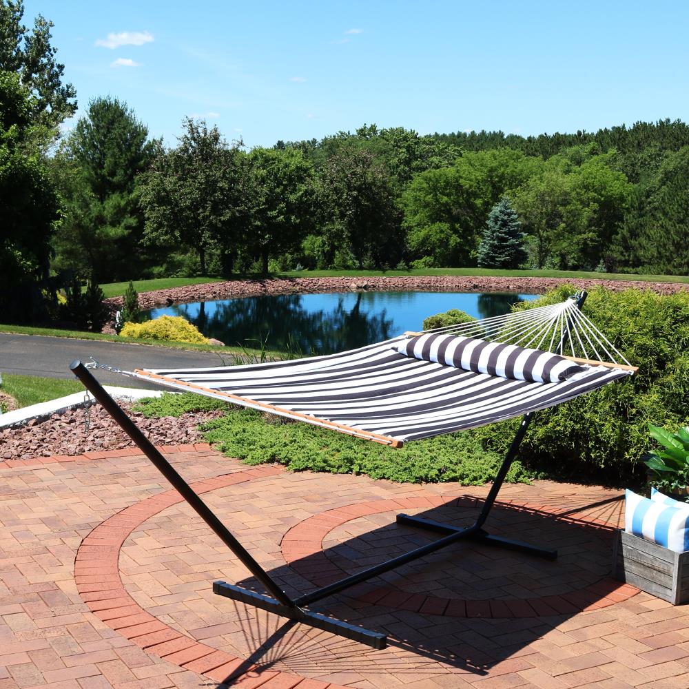 Sunnydaze Decor LY-QFH-BLK-COMBO 2 Person Double Hammock with 12 Foot Portable Steel Stand Black and White Fabric Hammock with Stand