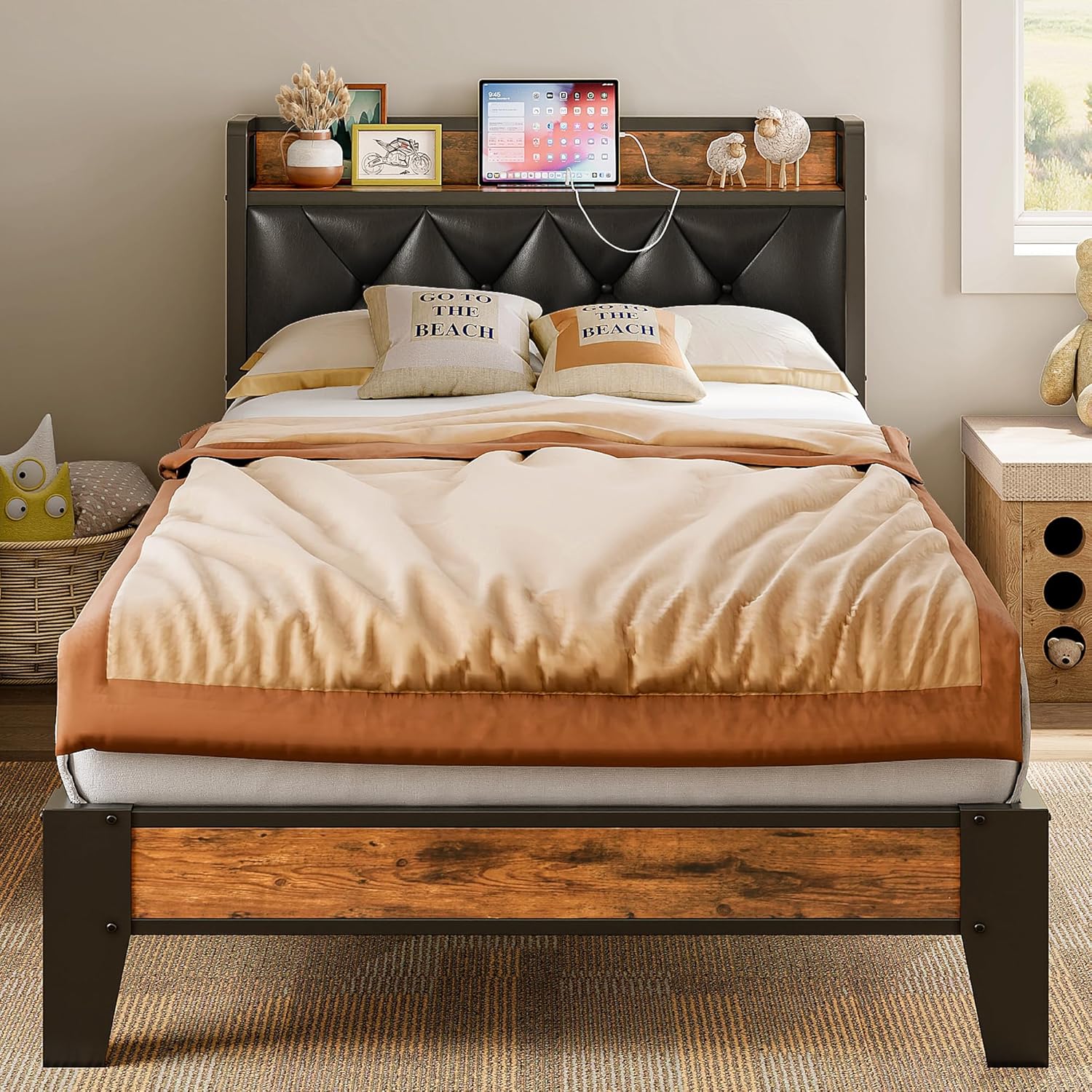 Anctor BOYUIWHGHO0XQDXV 40.7-in W Rustic Brown and Black Twin XL Bed Frame with Storage Headboard and Outlets