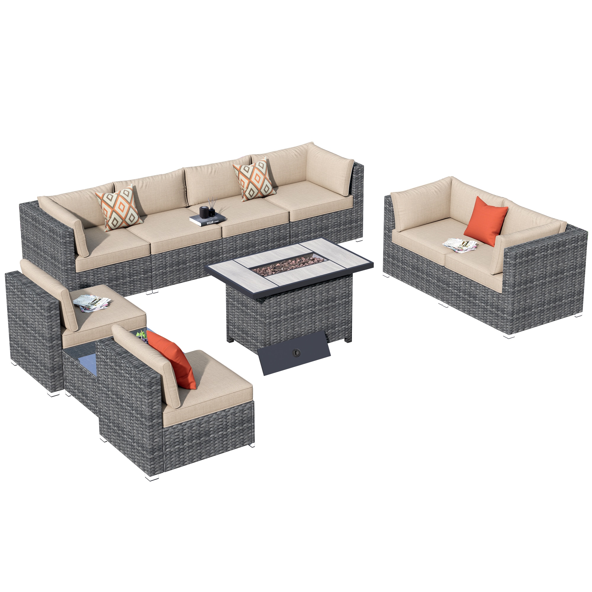 Pouuin SRFPHOP6-7-BOX1 10 -Piece Wicker Patio Sofa Conversation Set with Beige Cushions