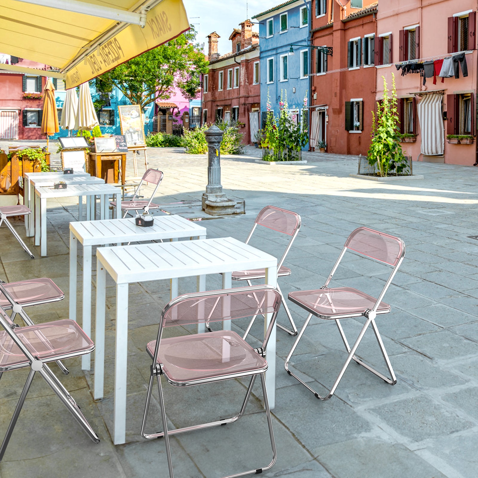 Pink Acrylic Folding Utility Chairs with Metal Frames, Set of 2
