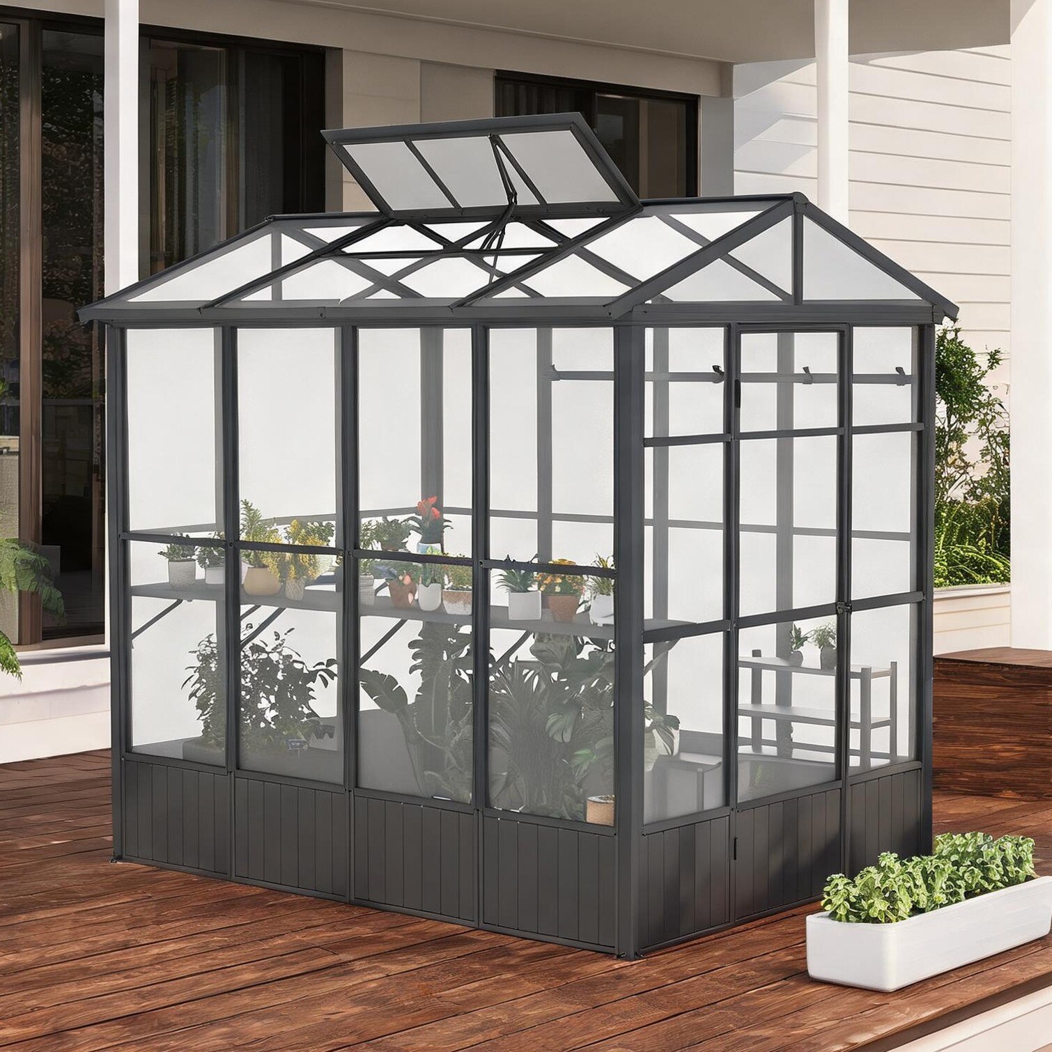 SunJet Walk-In Access Greenhouse featuring Tiered Shelving with Outdoor Space 8 in Polycarbonate Panels