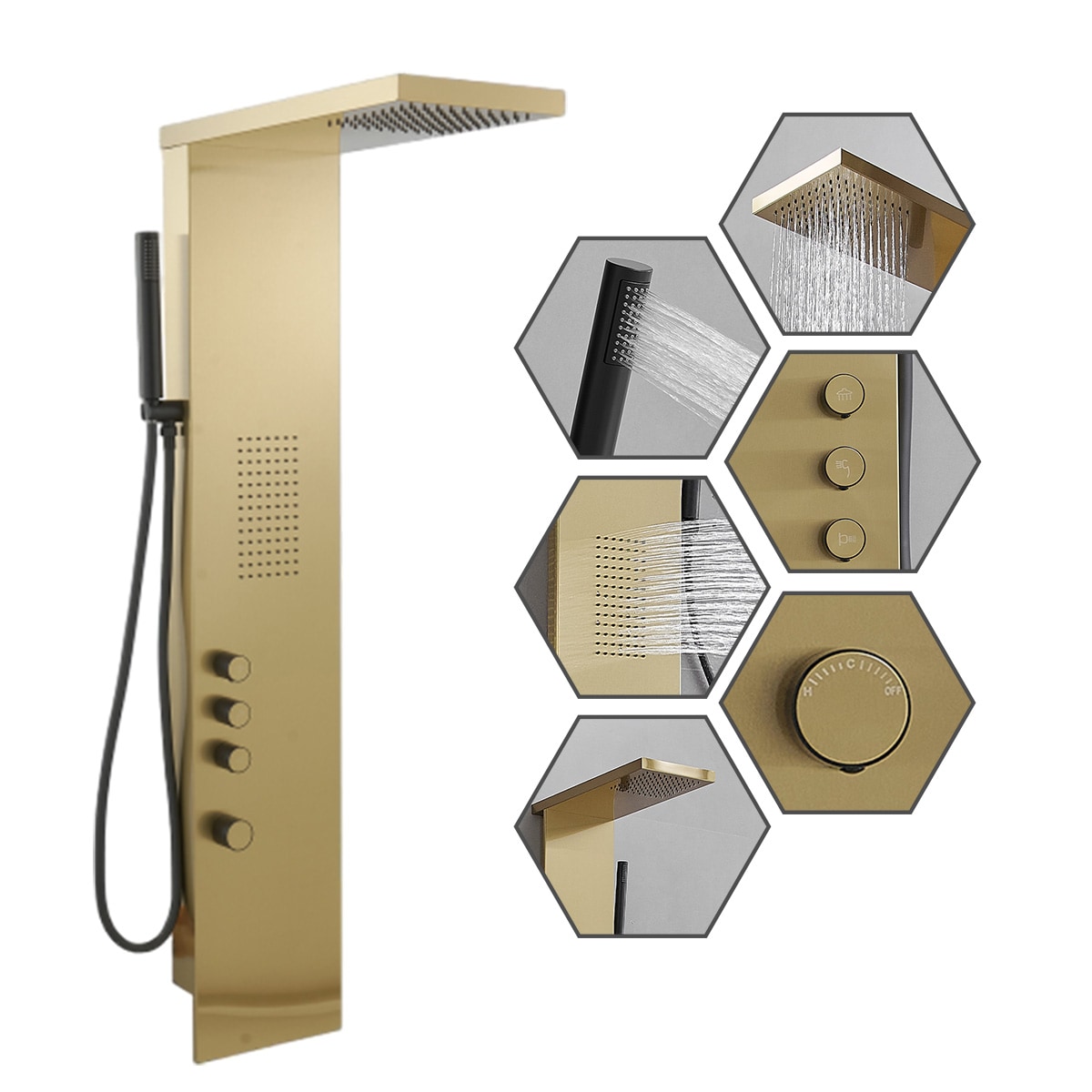 BWE C-YTP11-BG Onyx SPA All-in-One Brushed Gold 20-in Waterfall Dual Head Shower Tower System with 3-way Diverter