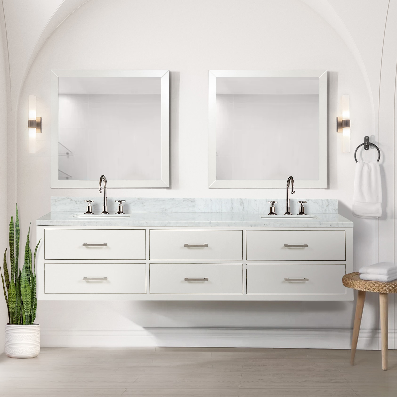 Lexora LVSO80DA110 Southold 80-in White Undermount Double sink Floating Bathroom Vanity with White Carrara Marble Top (Mirror Included)