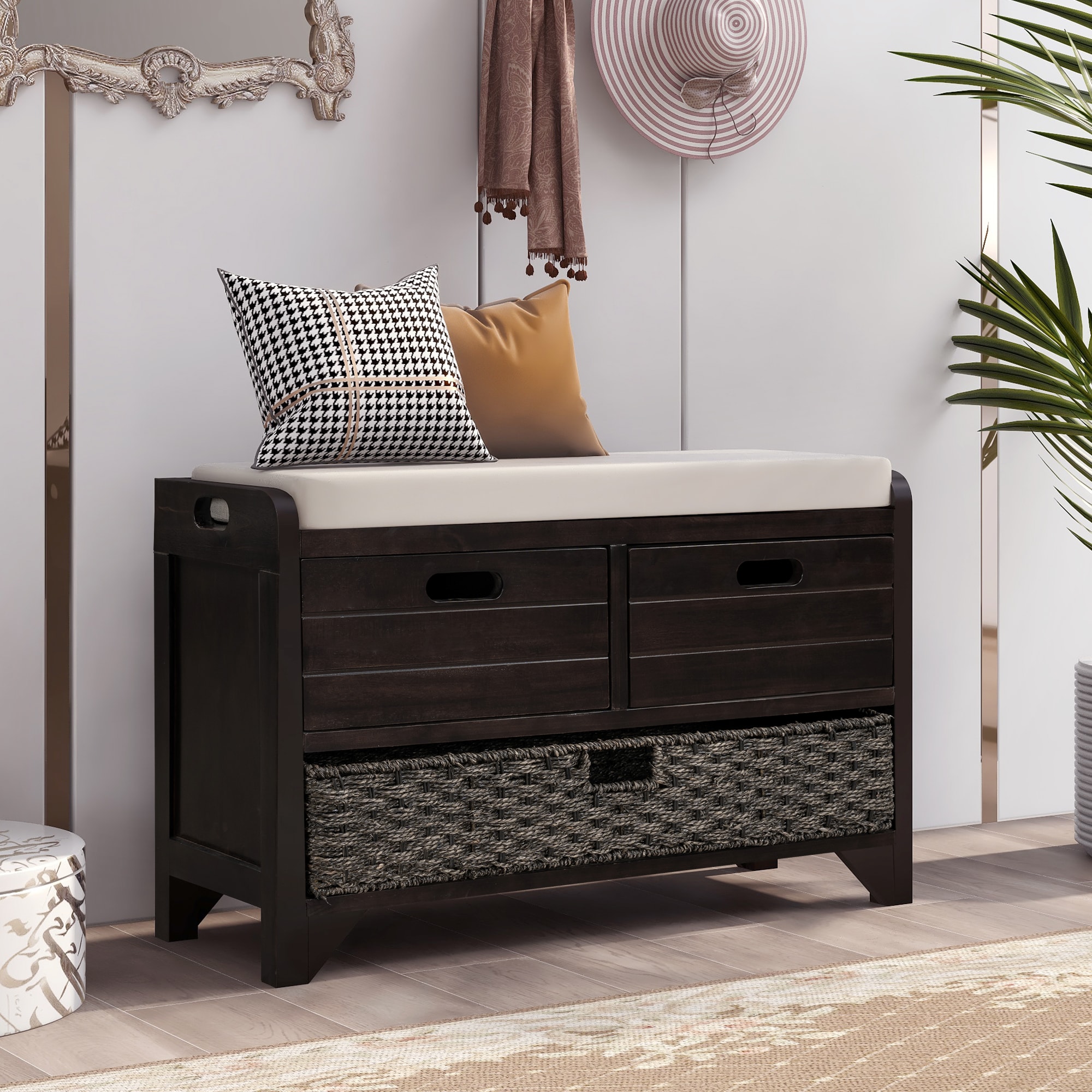 ModernLuxe WF199578AAB Storage Bench with Removable Basket and 2 Drawers Fully Assembled Shoe Bench with Removable Cushion Espresso