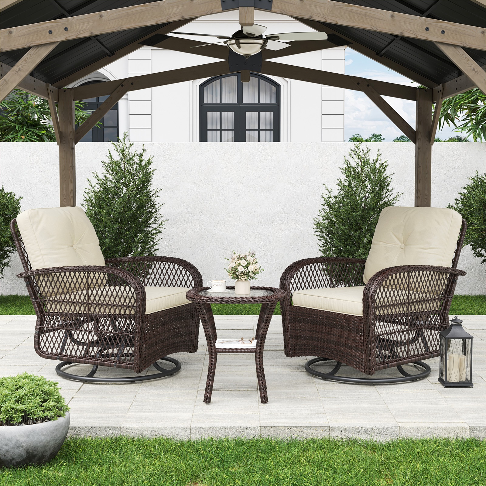AOXUN LS-036BG-3 3 -Piece Rattan Patio Conversation Set with Brown Cushions
