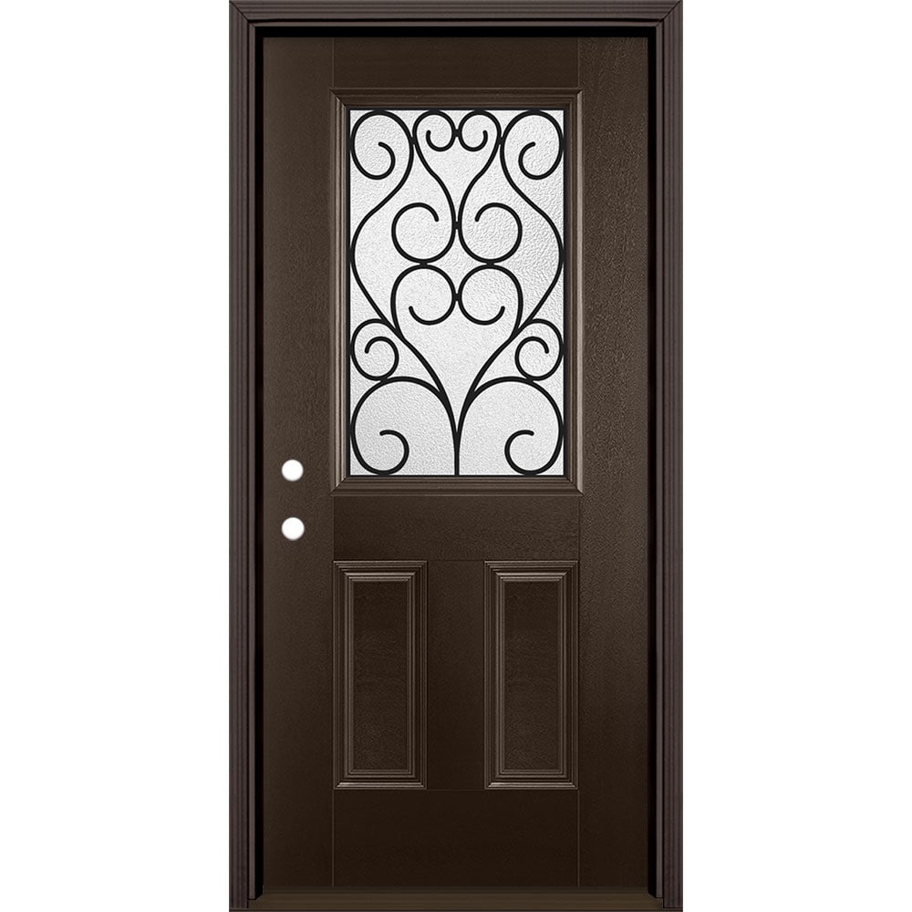 Masonite 3420702 Iron Springs 36-in x 80-in x 4-9/16-in Fiberglass Half lite Right-hand inswing Walnut Stained Prehung Front Door with Brickmould Insulating core