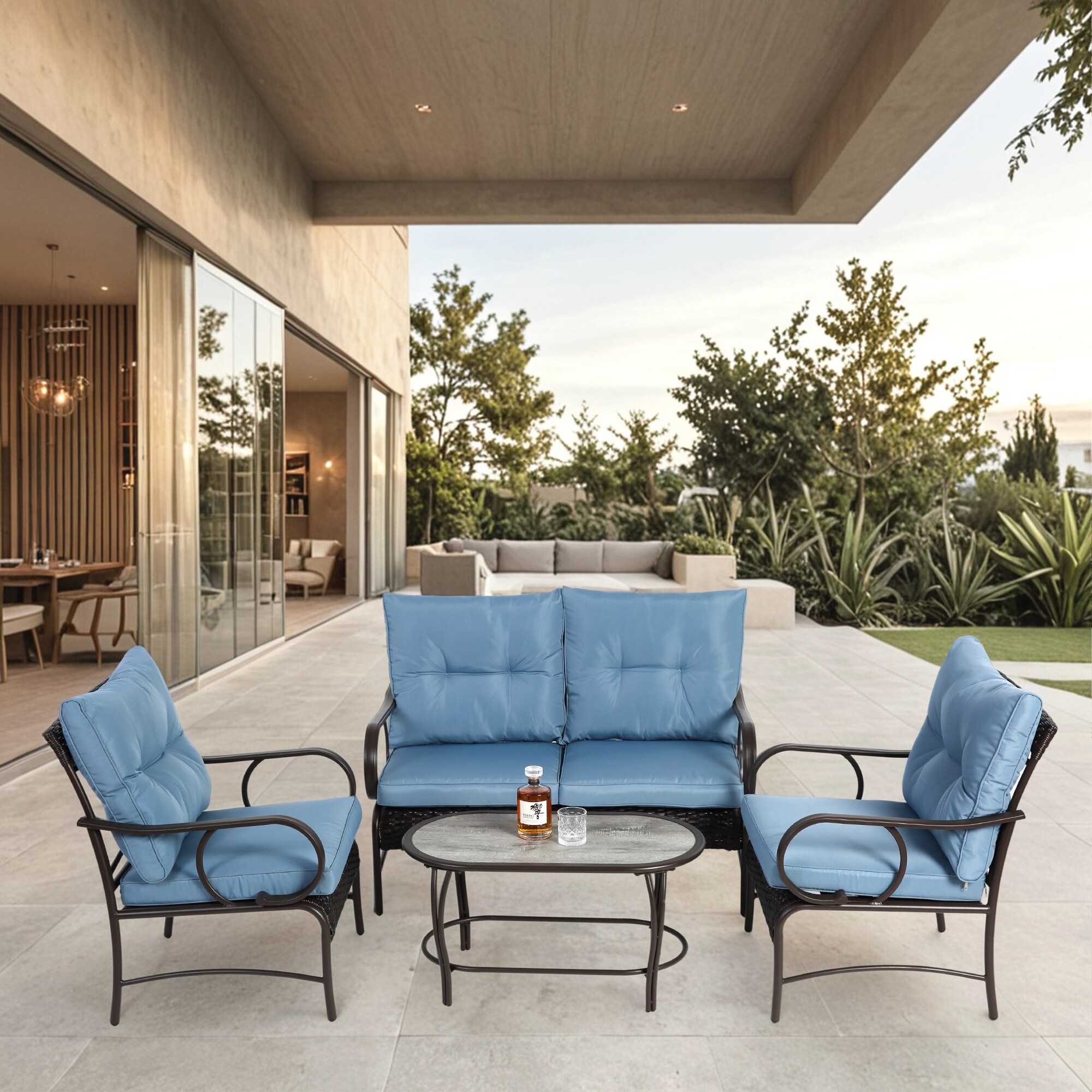 AAZJ JHO-W2681S00006 Patio Dining Sets 4 -Piece Brown Patio Dining Set Rattan Rectangle Table with 4 Cushions Stationary Chairs