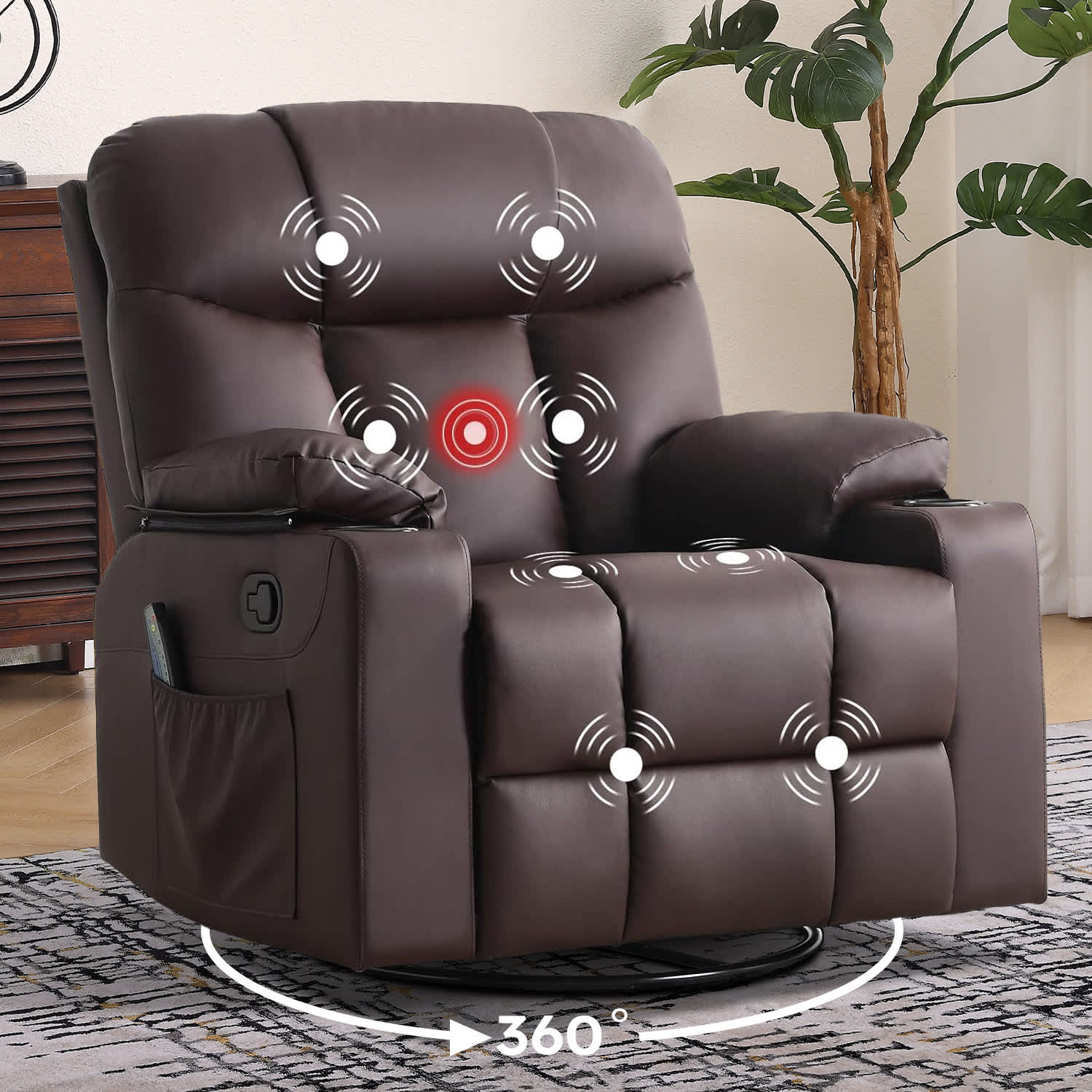 Canmov PU Leather 40-in Swivel Rocker Recliner Chair with Heated and Massage Single Sofa with 2 Cup Holders for Living Room Bedroom
