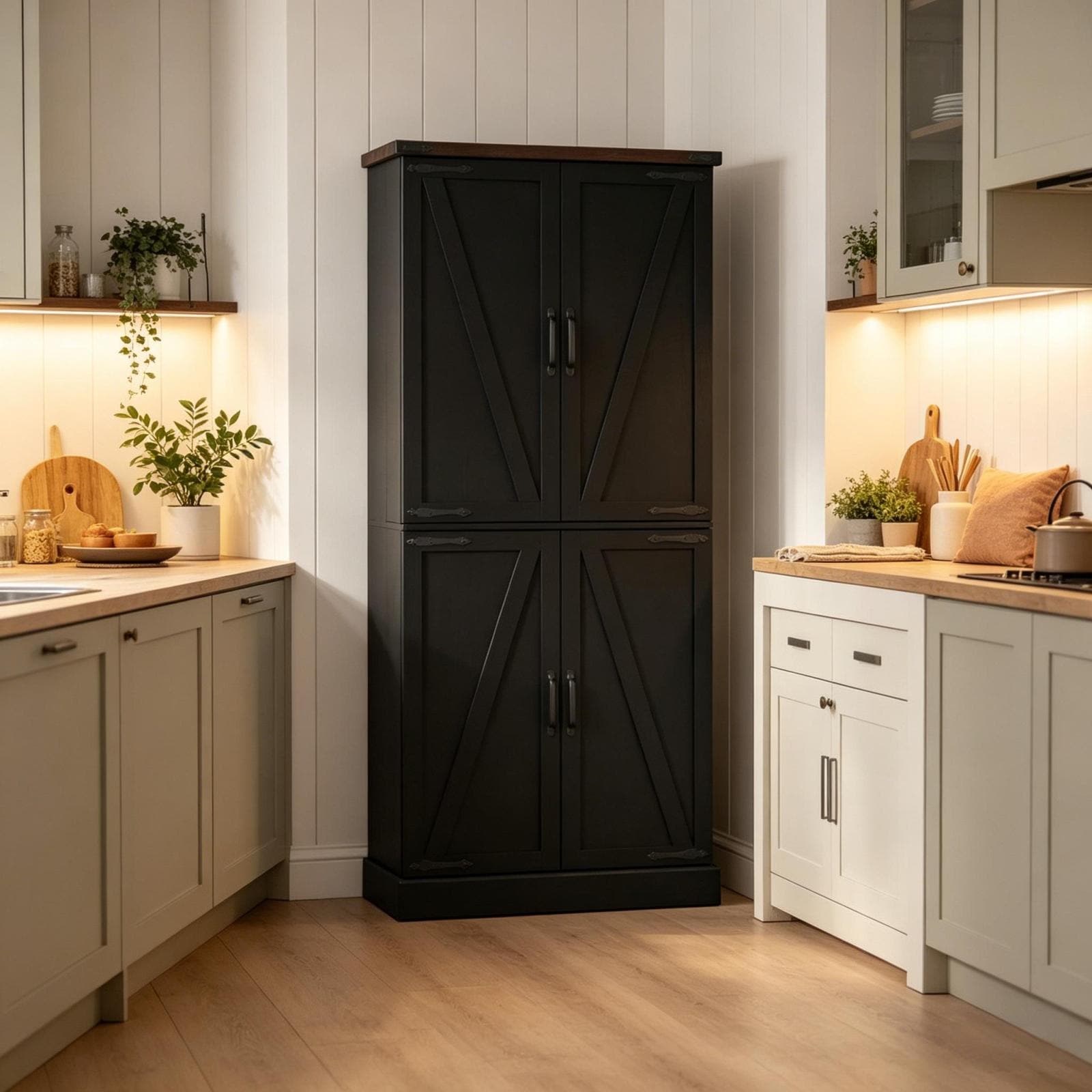 CHITA Farmhouse Wood Pantry Cabinet with 8 Doors Adjustable Shelves Tall Design for Kitchen Dining Room Pantry and Household Organization Black