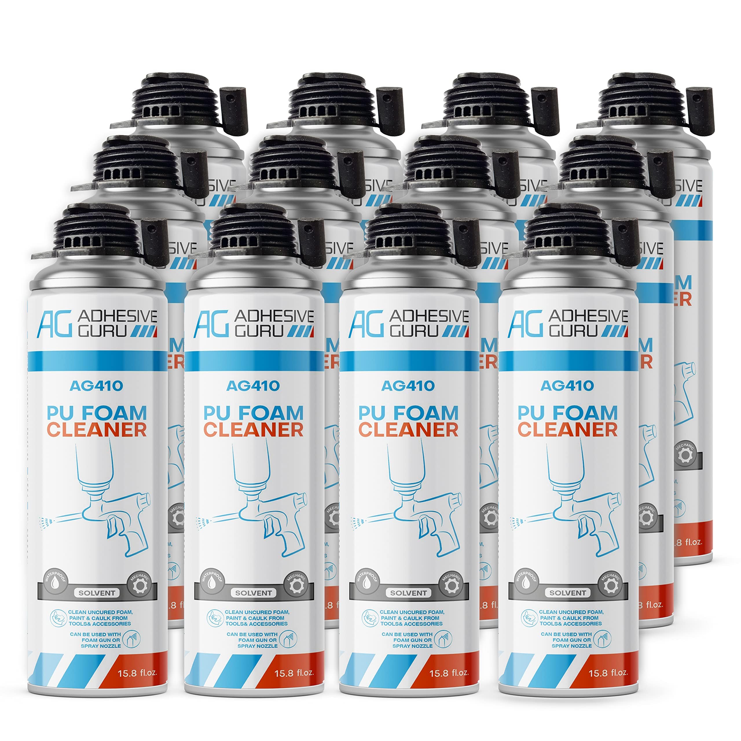 ADHESIVE GURU AG410 Spray Foam Gun Cleaner 15.8 oz. Cleaning Solvent for PU Insulation Foam Guns and Applicators 12 Pack