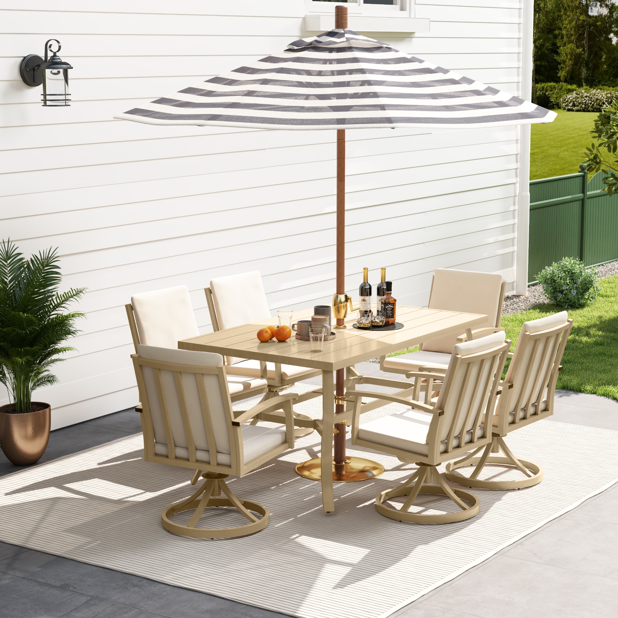  EL-CZ7-MM-A2-WL3 7 -Piece Brown Patio Dining Set Aluminum Rectangle Table with 7 White Cushions Swivel Chairs