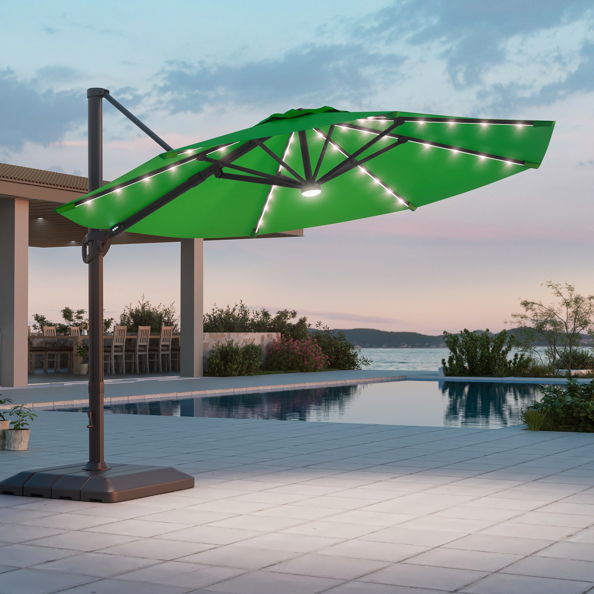 ACEGOSES LW-LED37SD-H-B 11-ft Aluminum Green No-tilt Cantilever Patio Umbrella with Lights with Base
