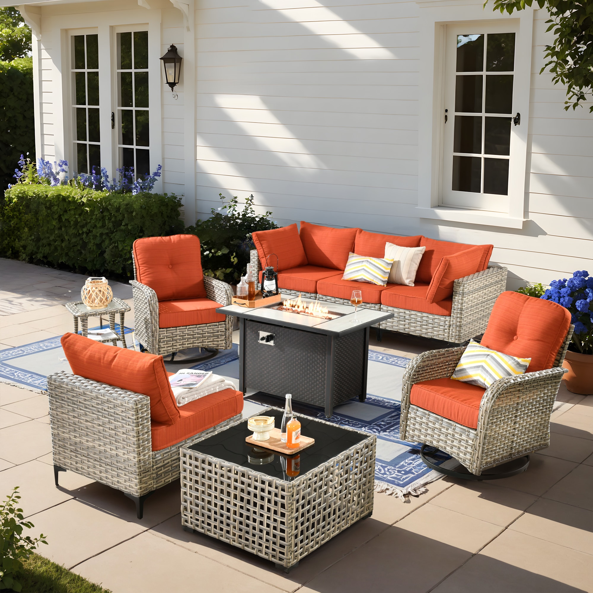 ALTRIGUS 6LCFP03VYZSKT809AL 9 -Piece Wicker Patio Sofa Conversation Set with Orange Cushions