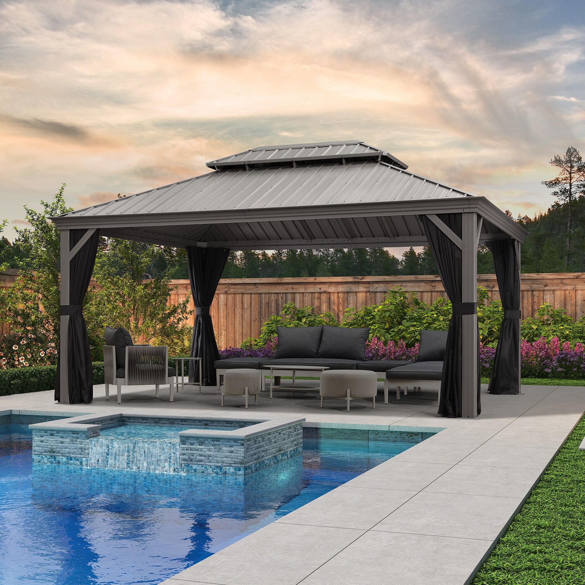 Light Gray 16' x 12' Aluminum and Steel Hardtop Gazebo with Curtains