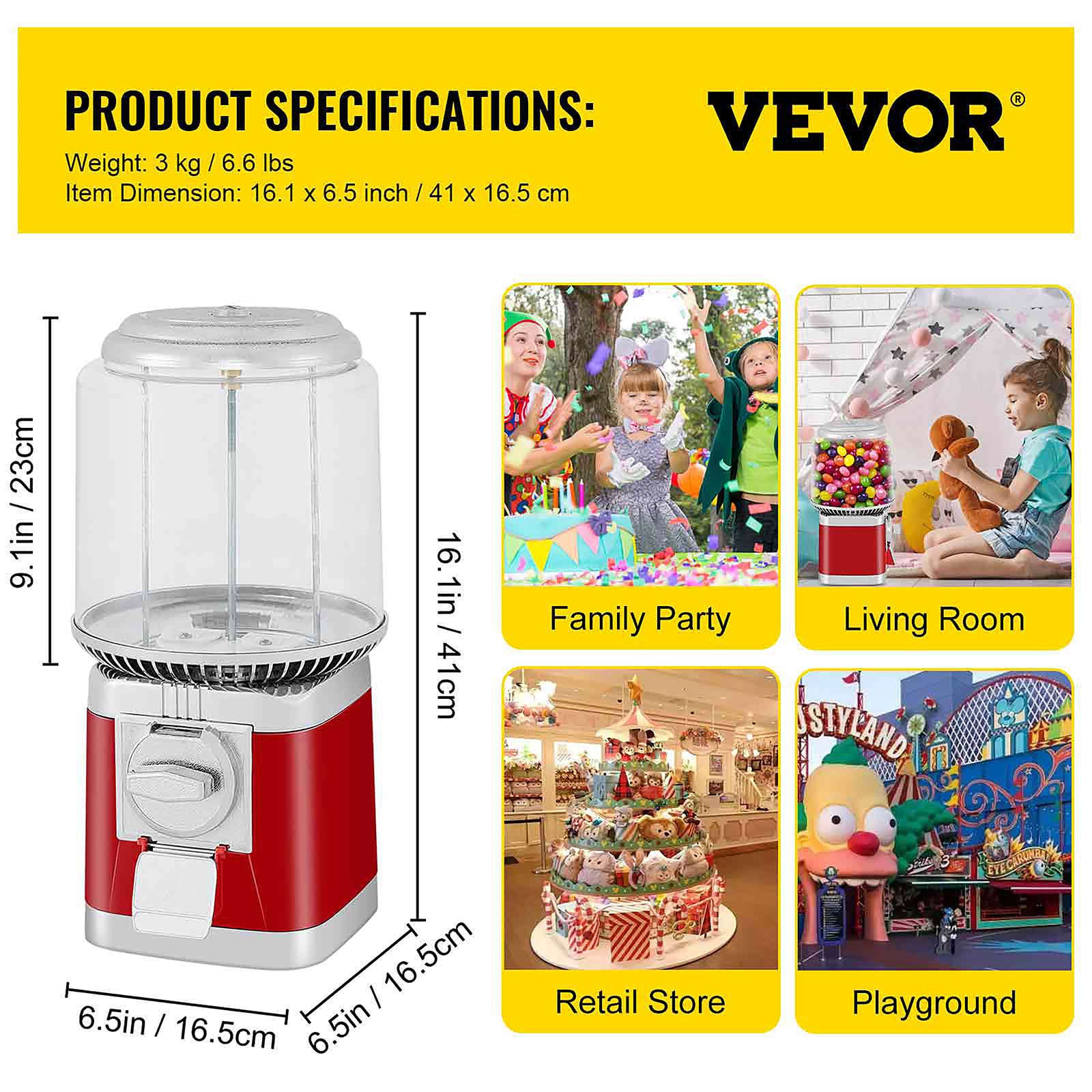 VEVOR Aluminum Alloy Gumball Machine | Commercial/Residential | Red | 375 Candies | Knobs | Includes Accessories | Key Lock | Specialty Small Kitchen