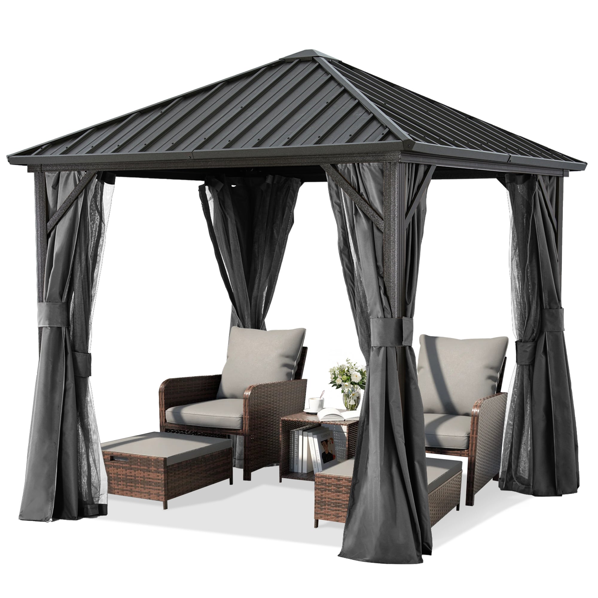 ABCCANOPY 9USLS6923A22TA55GYFH 8-ft x 8-ft Gray Gazebo with Hardtop Roof (Screen Included)