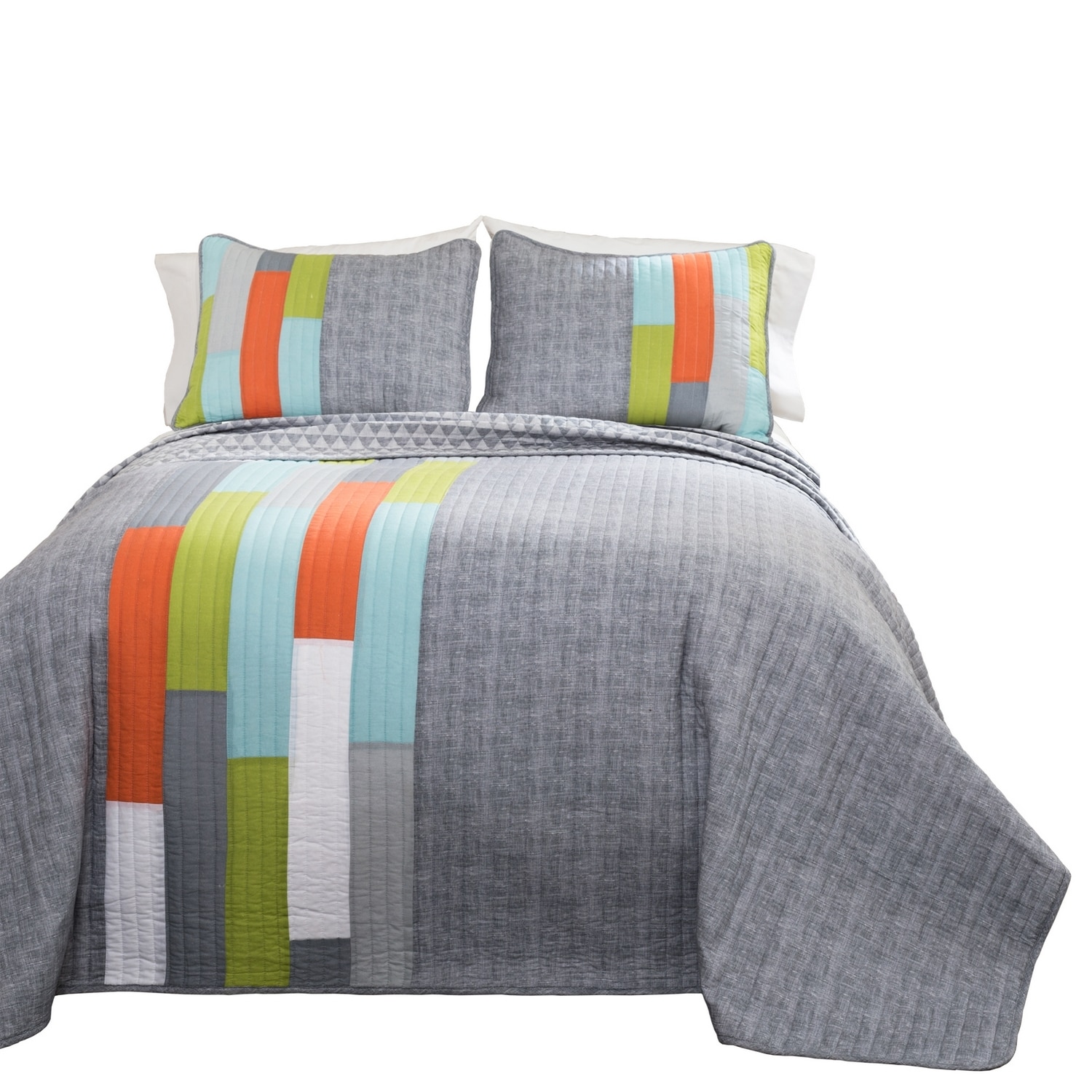 Gray and Multicolor Cotton Full/Queen Reversible Quilt Set