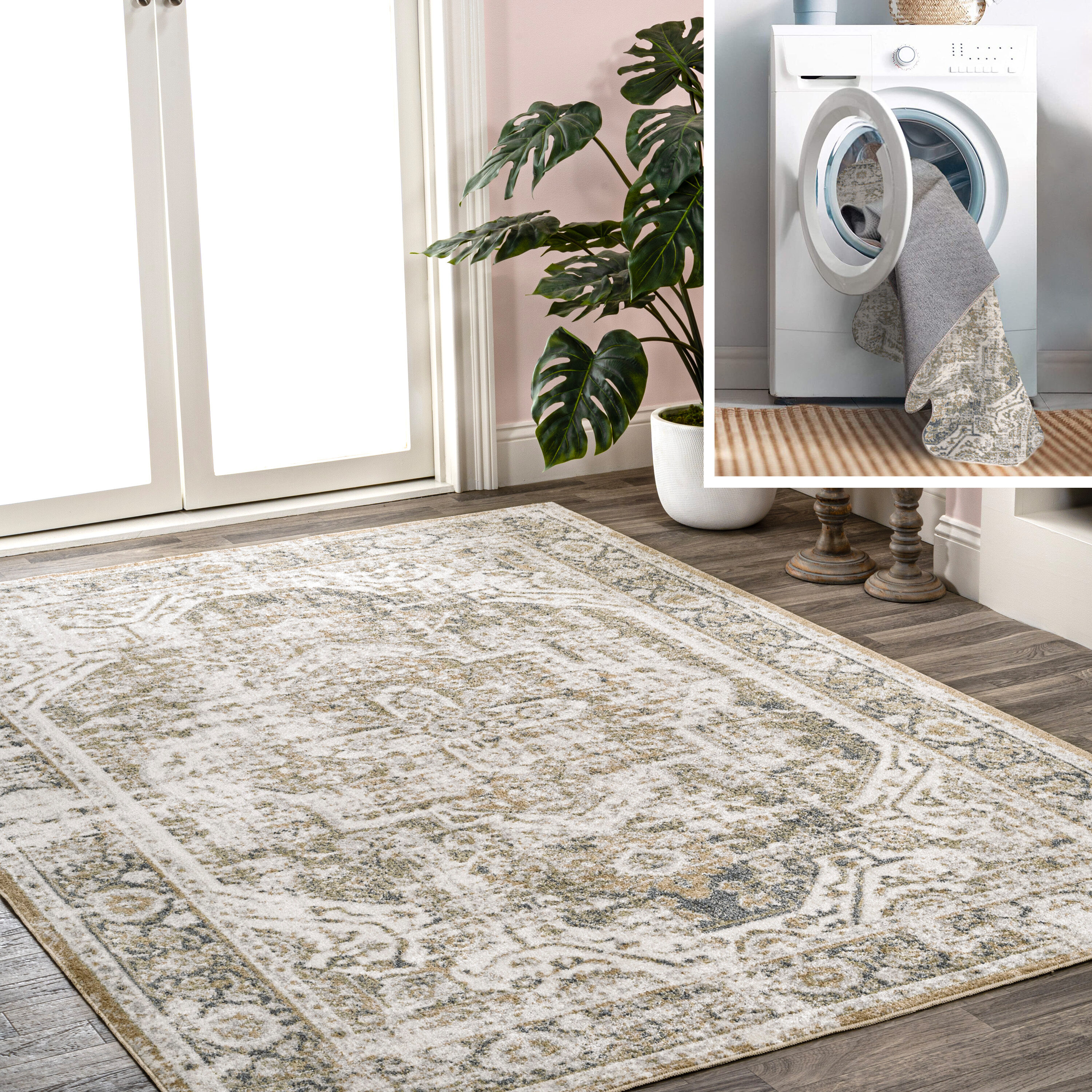 JONATHAN  Y WSH316C-8 WASHABLE Keesha Bold Distressed Medallion Low-Pile 8 x 10 (ft) Loomed Polyester Green/Cream Rectangular Indoor Distressed/Overdyed Persian Machine washable Area rug