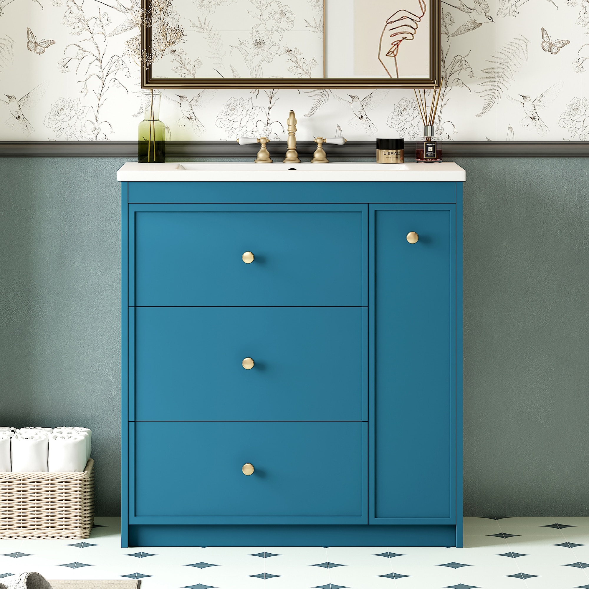 Iseryn Bath Vanity 30-in Blue Undermount Single Sink Bathroom Vanity with White Ceramic Top