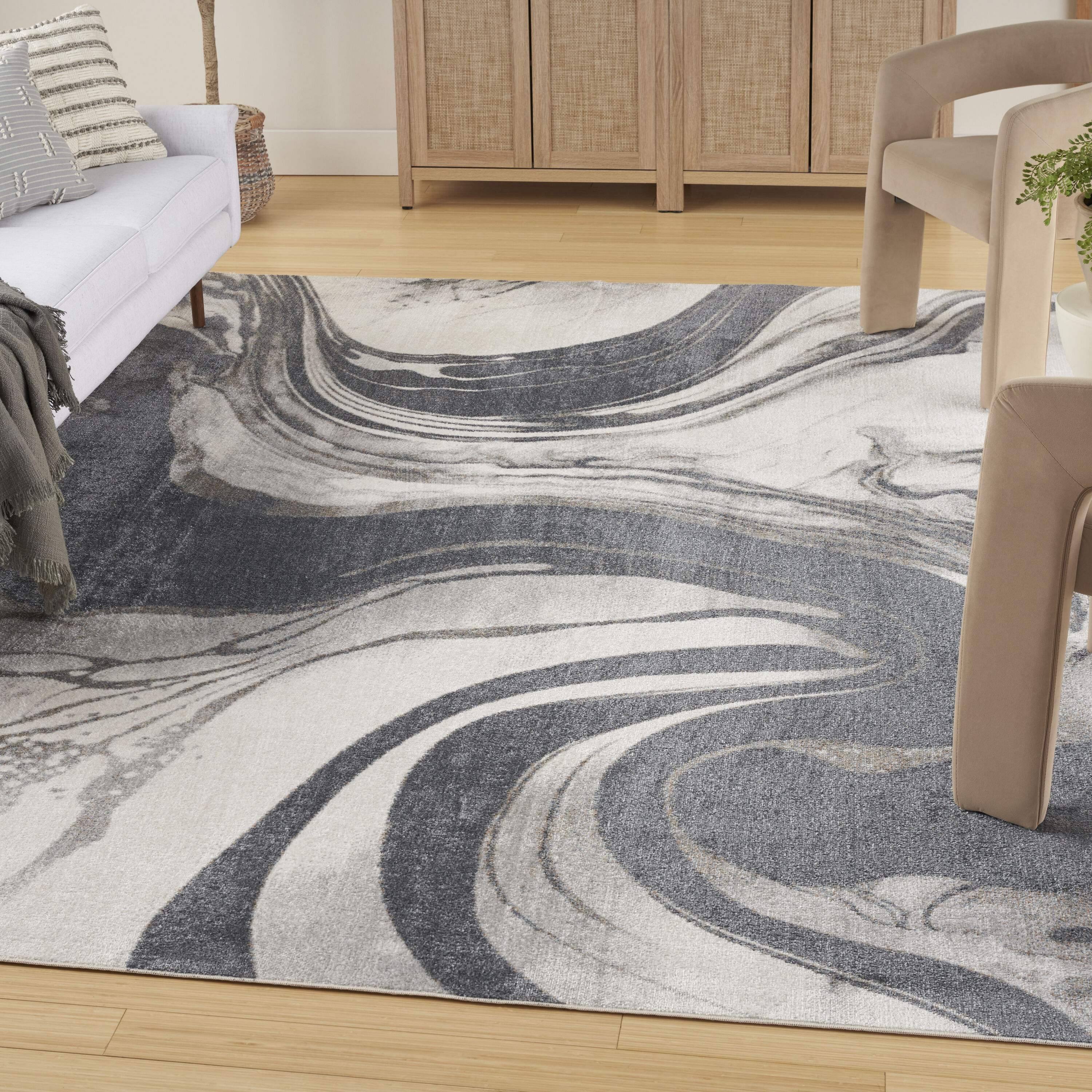 Nourison Home 099446977939 Astra Machine Washable 8 x 10 (ft) Loomed Polyester Ivory Grey Rectangular Indoor Abstract Machine washable Area rug