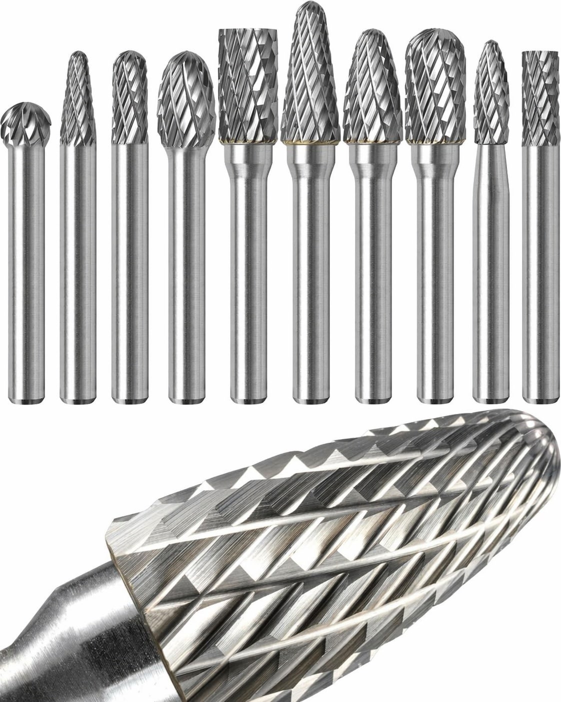 Etokfoks  10 pcs tungsten carbide burr set 1 4 inch shank double cut die grinder bits for metal wood stone steel deburring