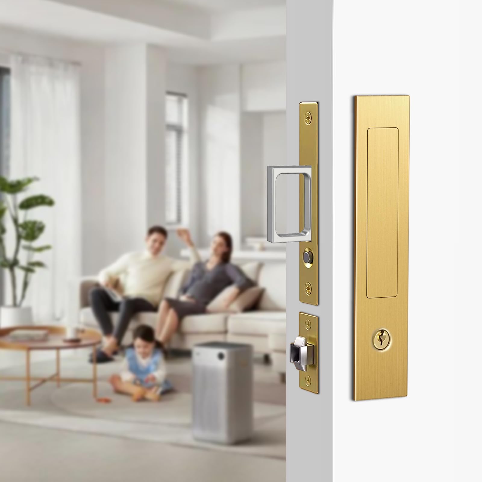 Lukvuzo  Pocket Door Locks with Keys Hidden Handle Edge Pulls for Doors One and Five Thirteenths Inch to Two and Two Eighths Inch Thick Golden