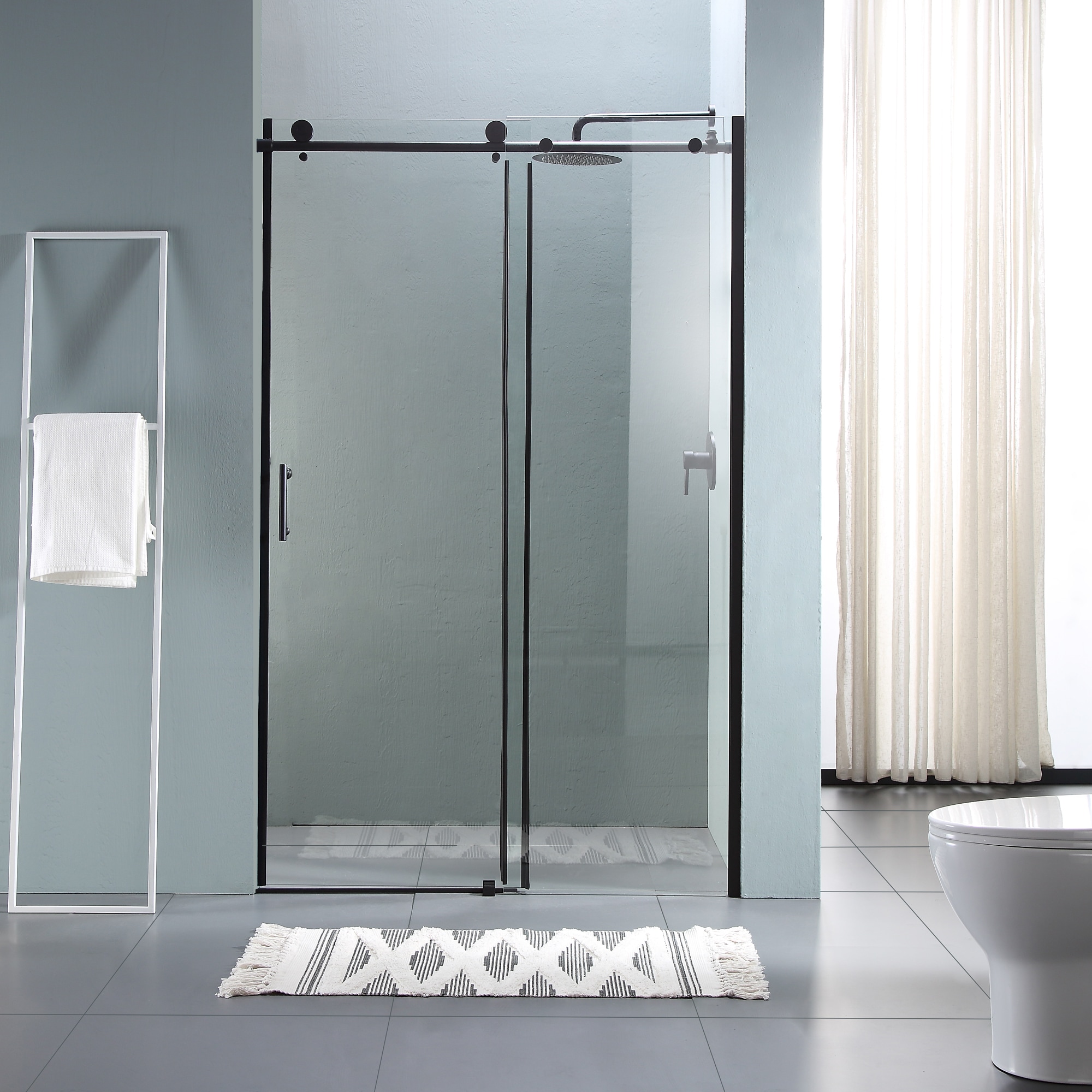 Lordear HRB-LD-6A21-48MB Modern Style Reversible Shower Door Black 47-3/4-in to 48-in W x 76-Inches H Frameless Sliding Soft Close Shower door 5/16-in Thick Clear Glass