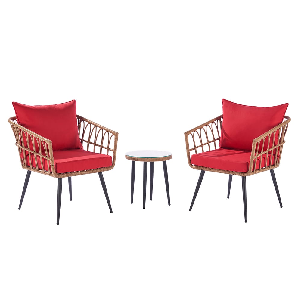 Fun Orange FUNHWCP18 3-Piece Rattan Patio Conversation Set with Red Cushions