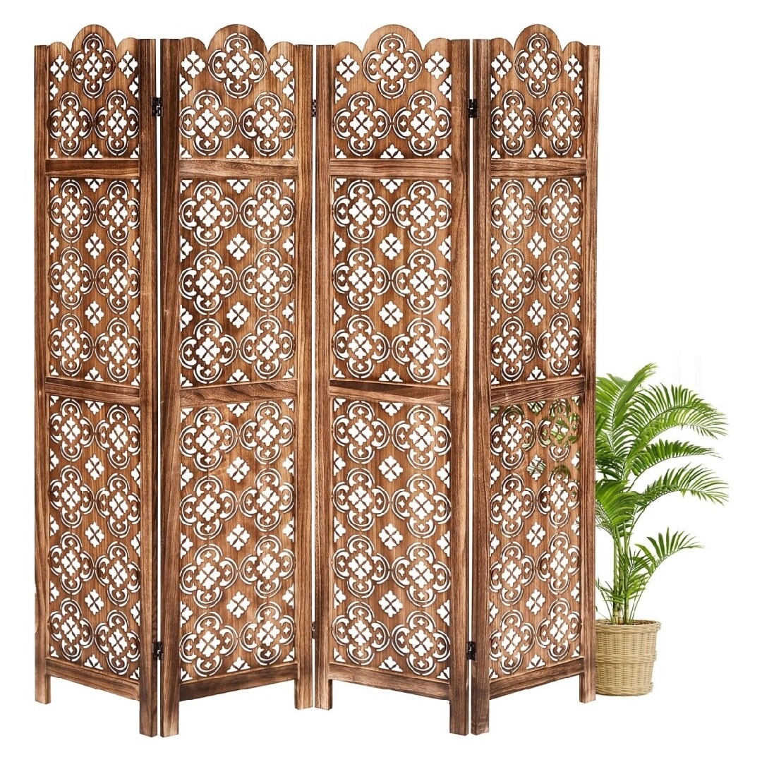 Qeetex 67inch 4-Panel Wood Carved Folding Room Divider Freestanding Privacy Screen Partition for Home Office Bedroom Restaurant - Free Assembly