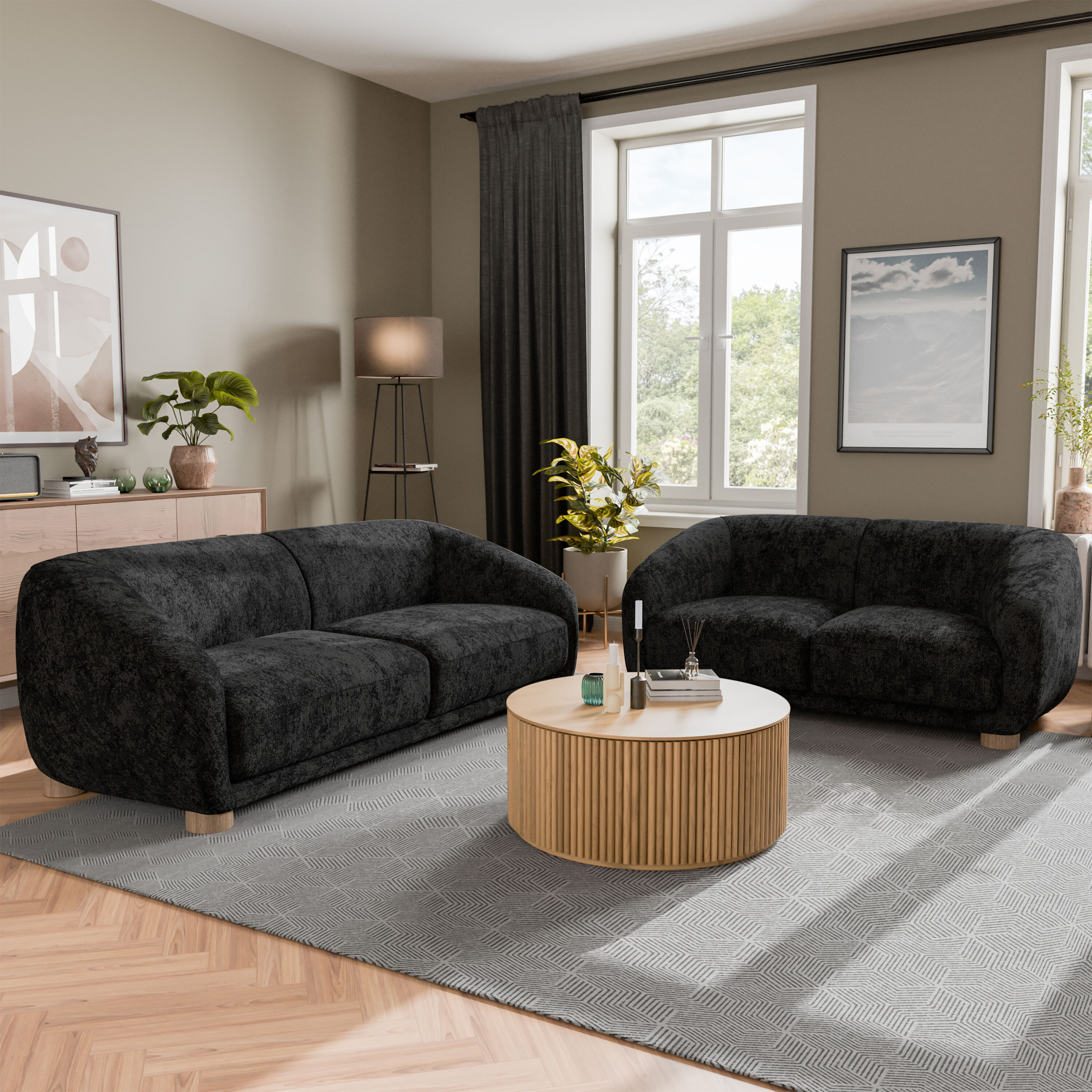 Furniture of America IDF-61006BK-2PC Waxley Modern Chenille Black Living Room Set