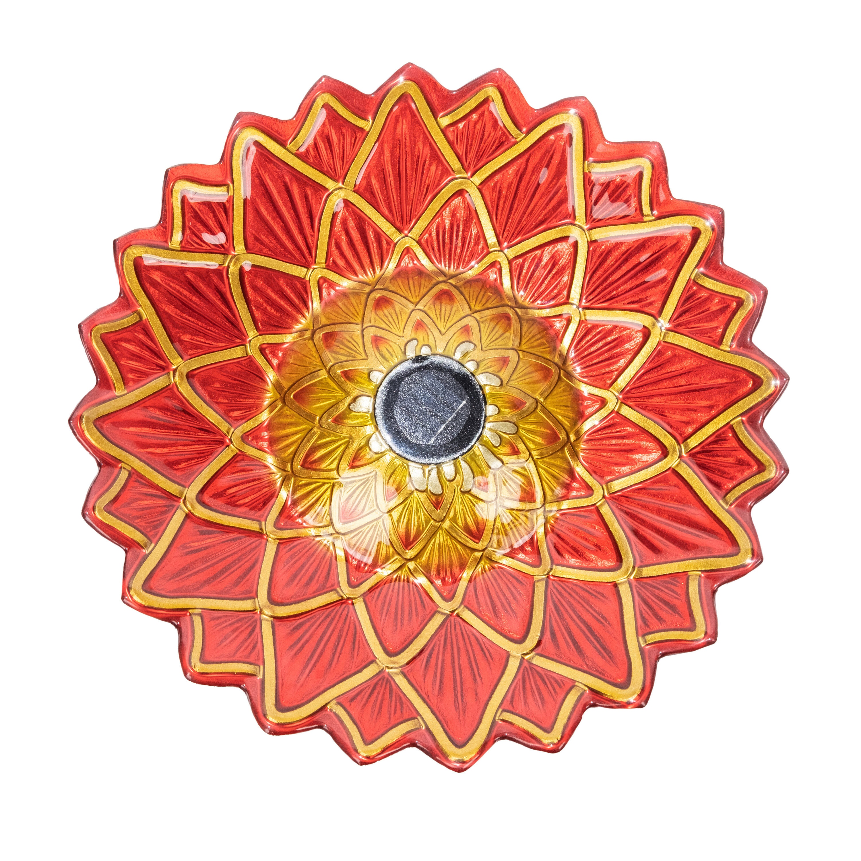 Red and Gold Glass Birdbath with Solar Light and Metal Stand