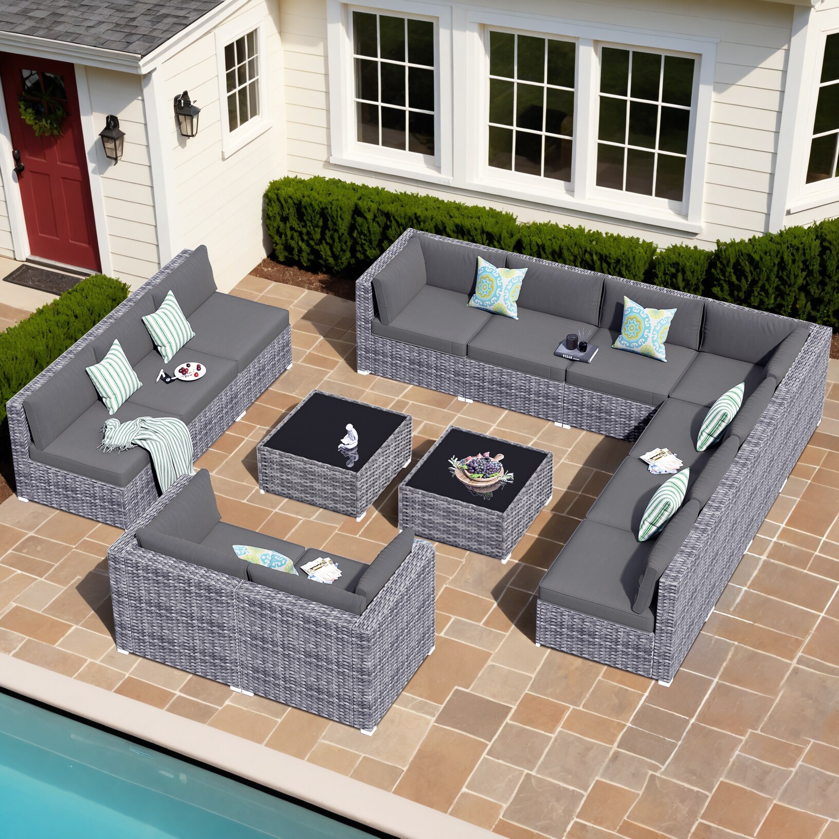 Pouuin SHOP2014 14 -Piece Wicker 2 Patio Sofa Conversation Set with Dark Gray Cushions