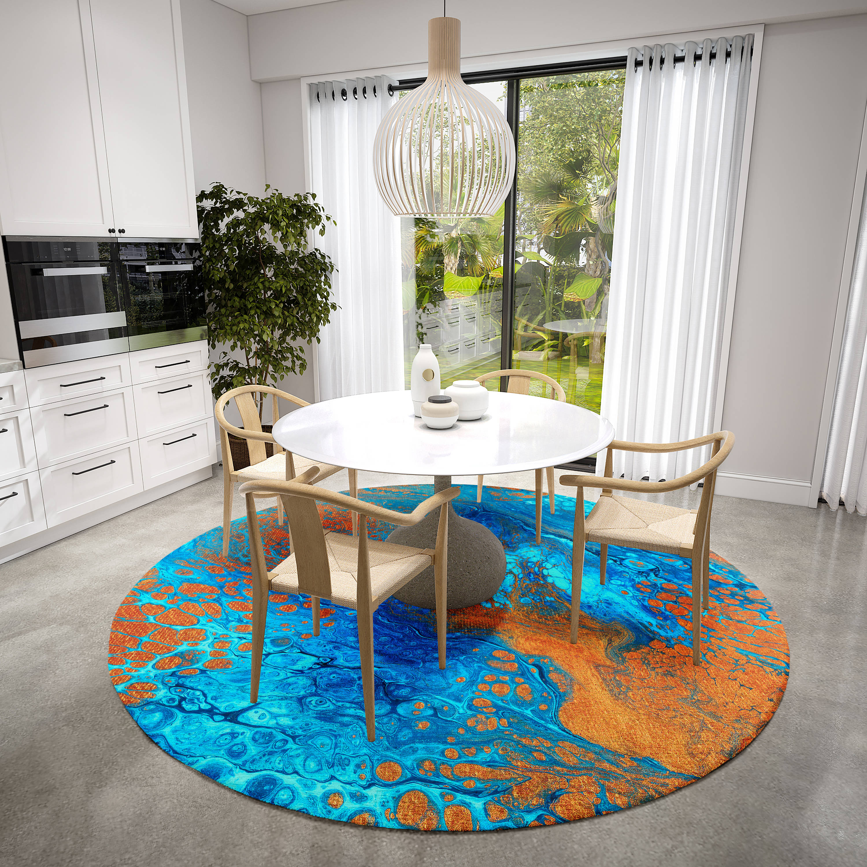 Karina Blue and Orange Abstract 8' Round Chenille Area Rug