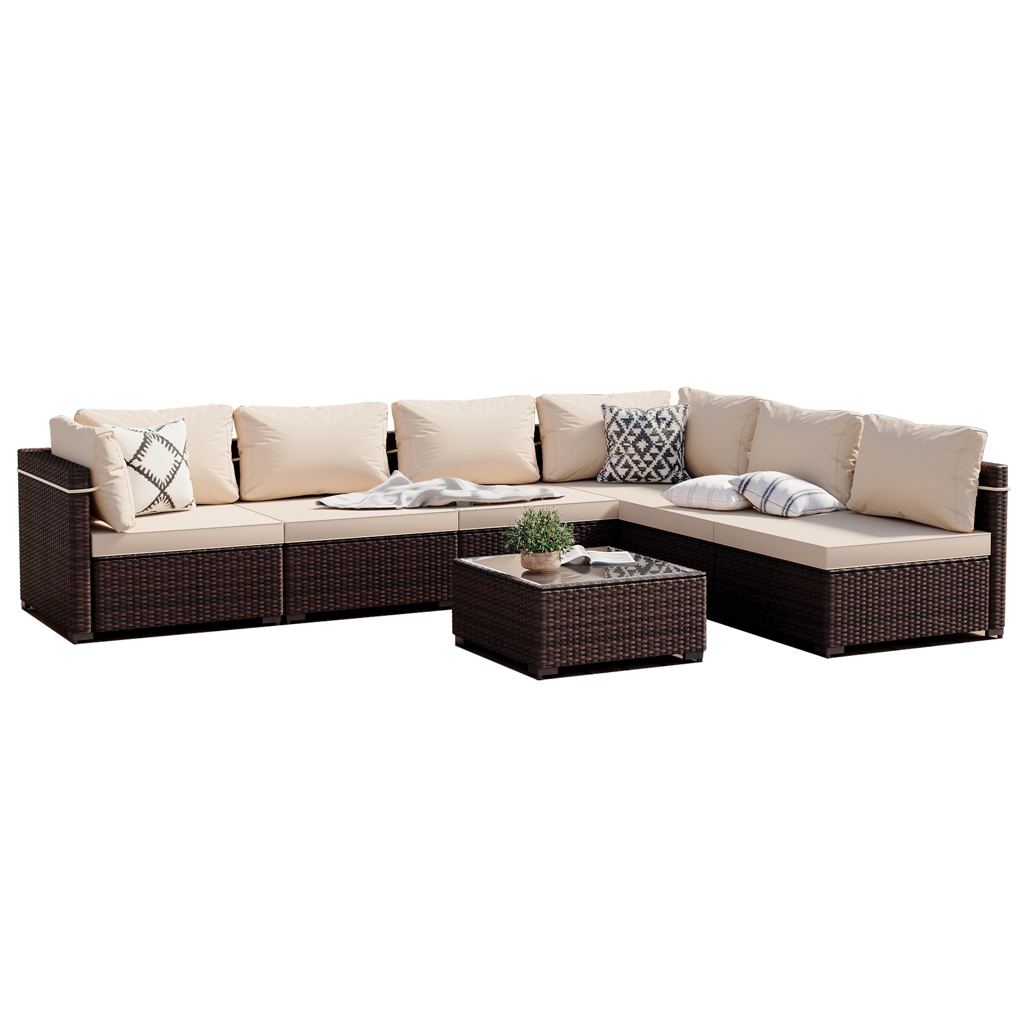 Patio Watcher RT-OD7-B12-3 7 -Piece Rattan Patio Conversation Set with Beige Cushions