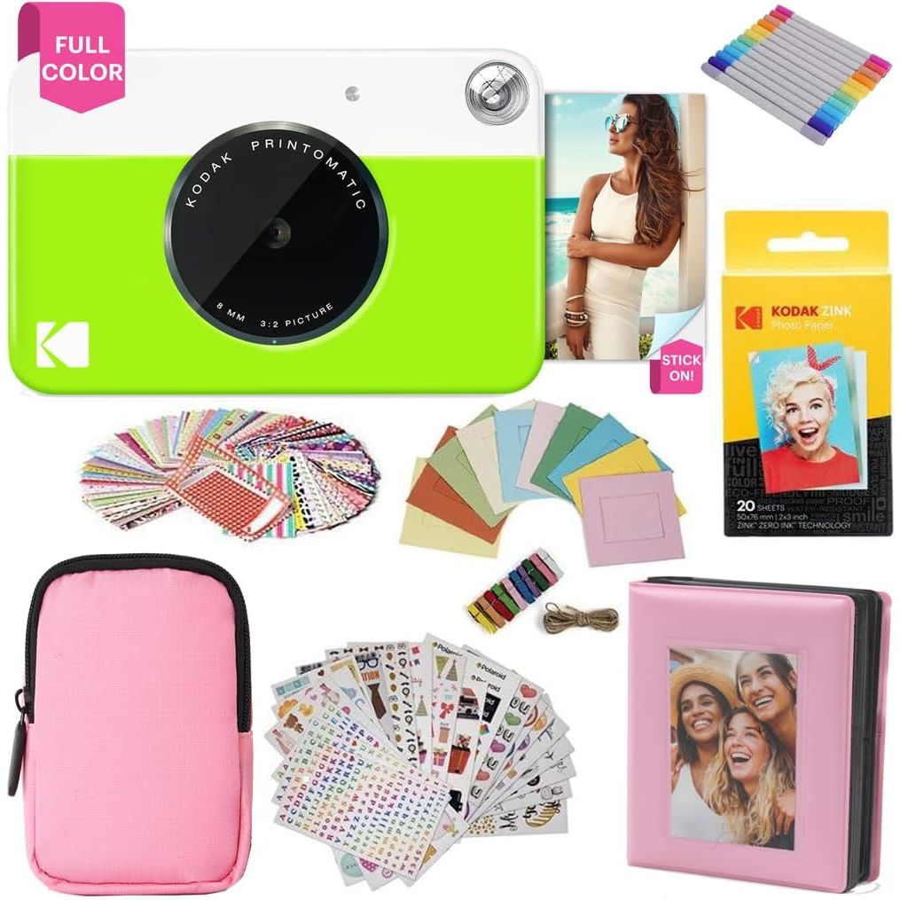 Kodak AMZRODOMATICK3GNP Printomatic Instant Print Camera Gift Bundle with Pink Soft Case - 20-Pack Zink Photo Paper and More - Green