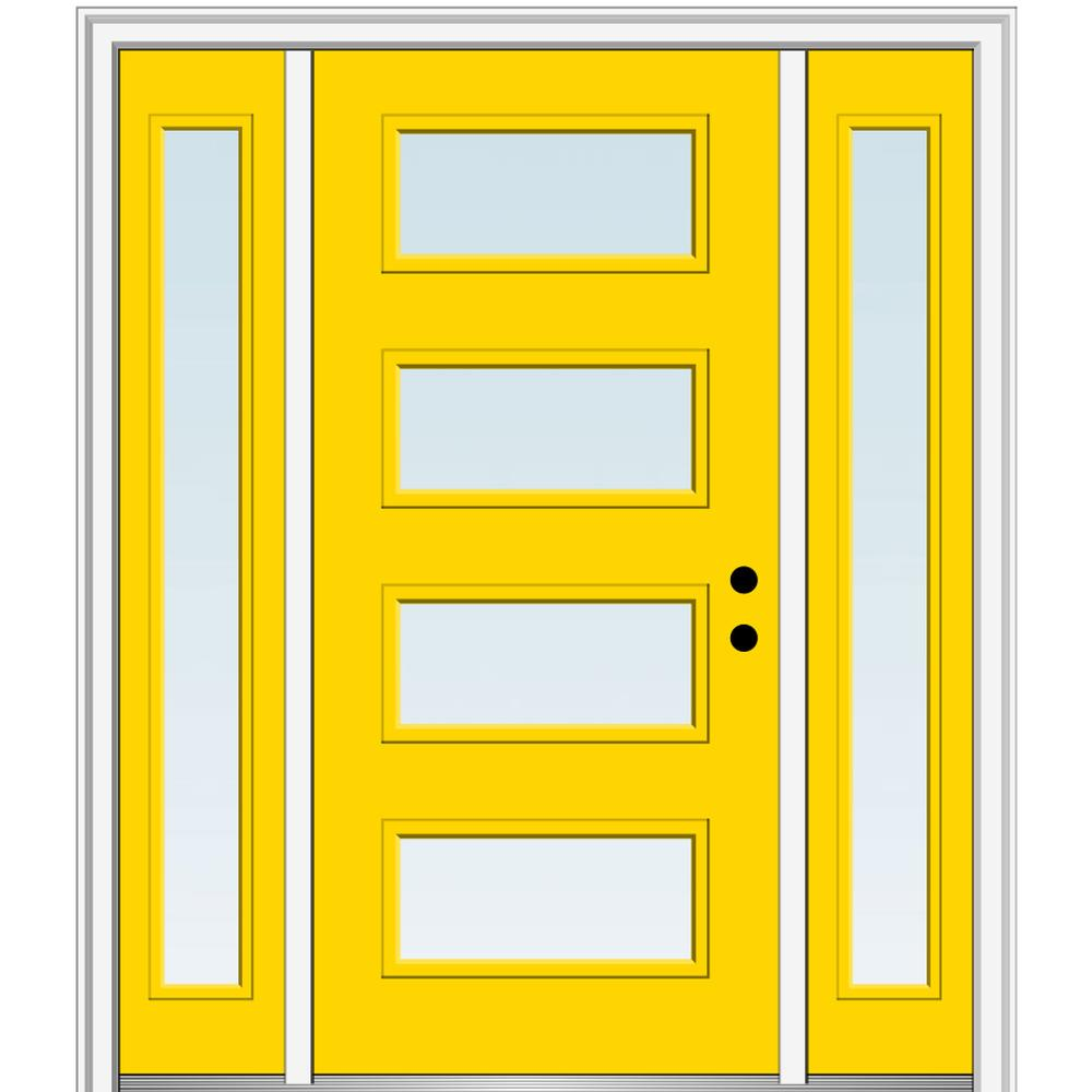MMI DOOR ZZ348271L Spotlights 64-in x 80-in x 6-9/16-in Fiberglass Pulse lite Left-hand inswing Yellow Flash Painted Prehung Front Door with Sidelights with Brickmould Insulating core