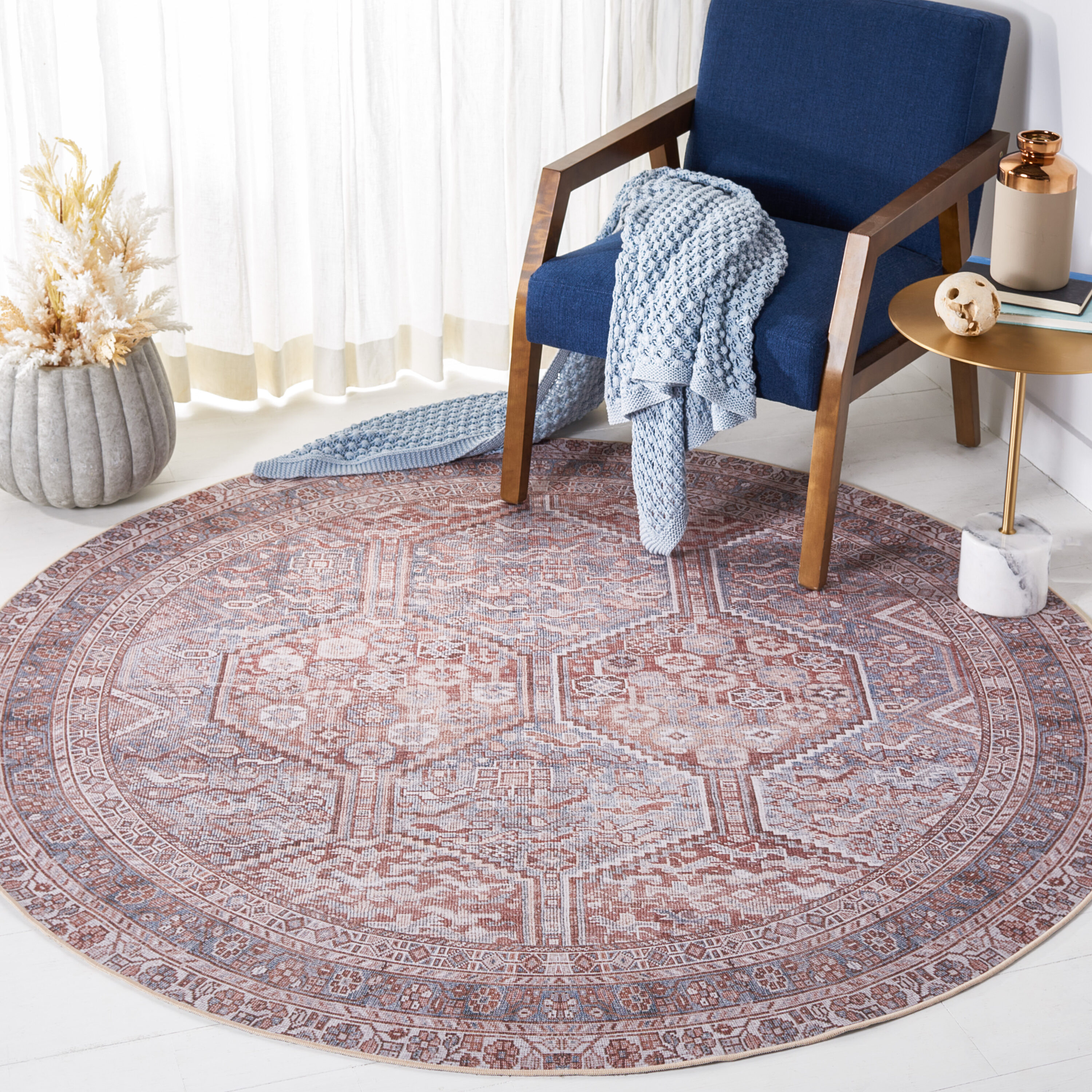 Safavieh TSN180F-6R Tucson 6 x 6 (ft) Loomed Polyester Gray/Rust Round Indoor Border Machine washable Area rug
