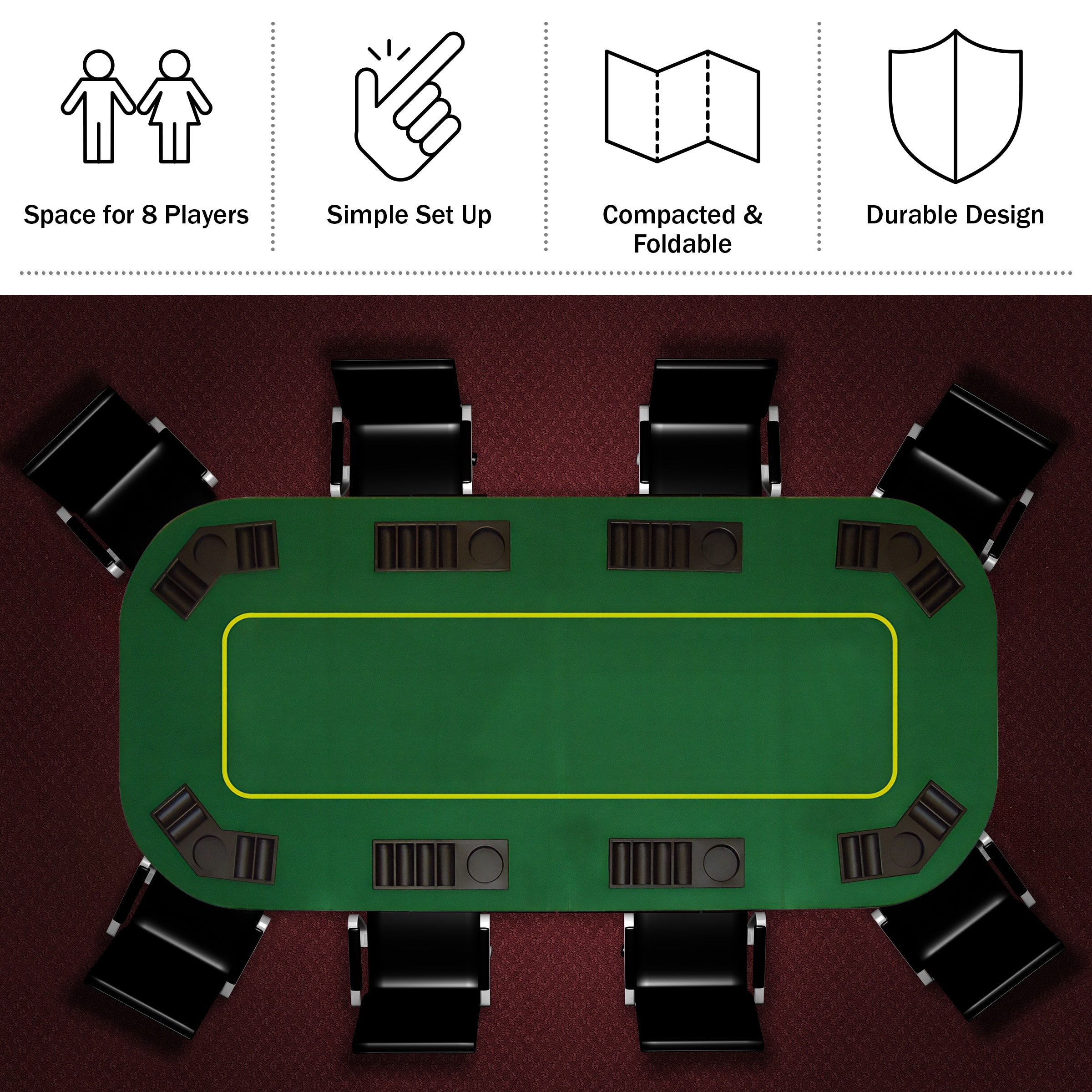 Green Oval 8-Player Folding Poker Table Topper with Chip Trays