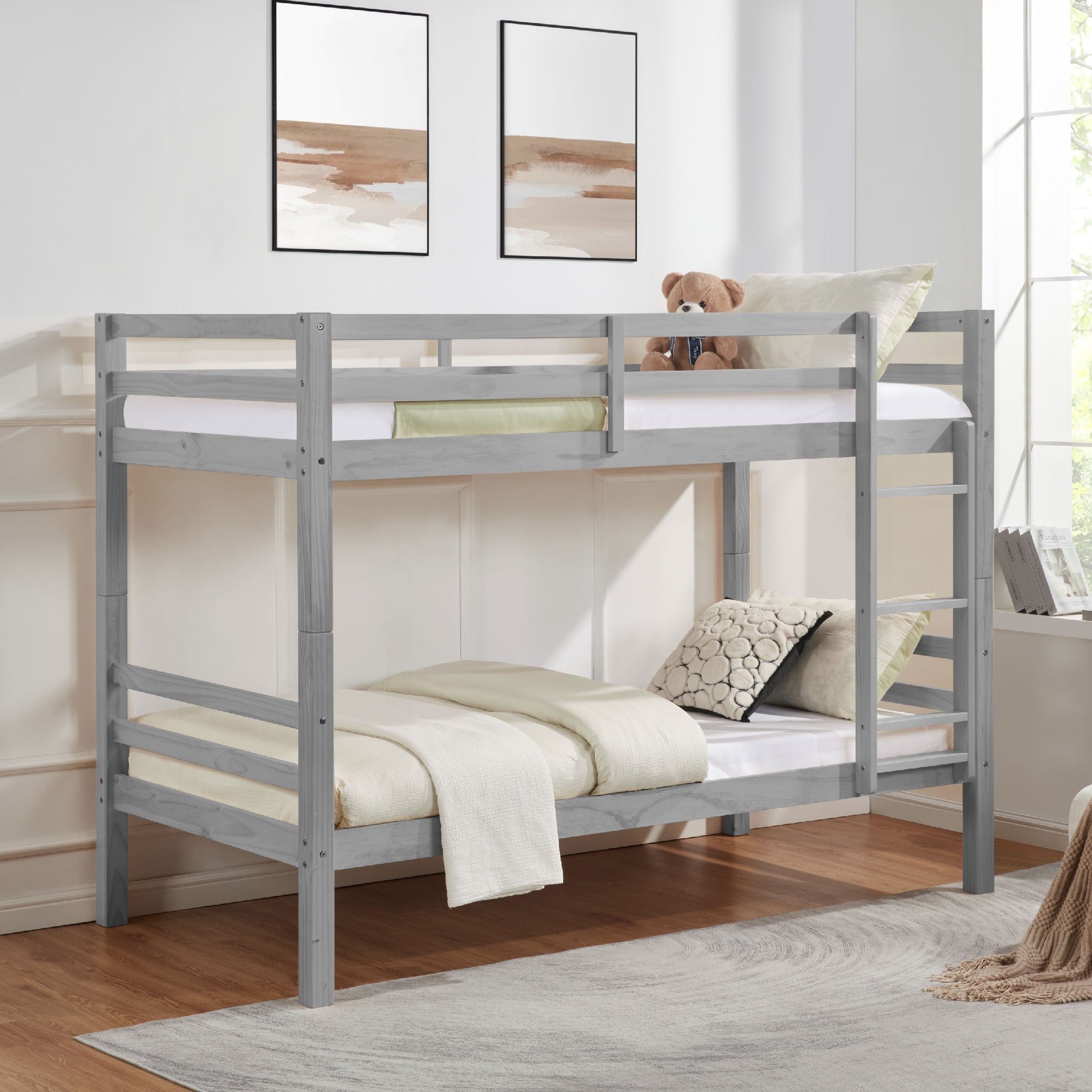 Tatayosi JJ-09020140 Twin over Twin Bunk Bed with Thick Posts;Wooden Bunk Bed with High Guardrail and Ladder for Kids; Teens; Dorm Rooms; and Guest Rooms;No Box Spring Needed;Grey
