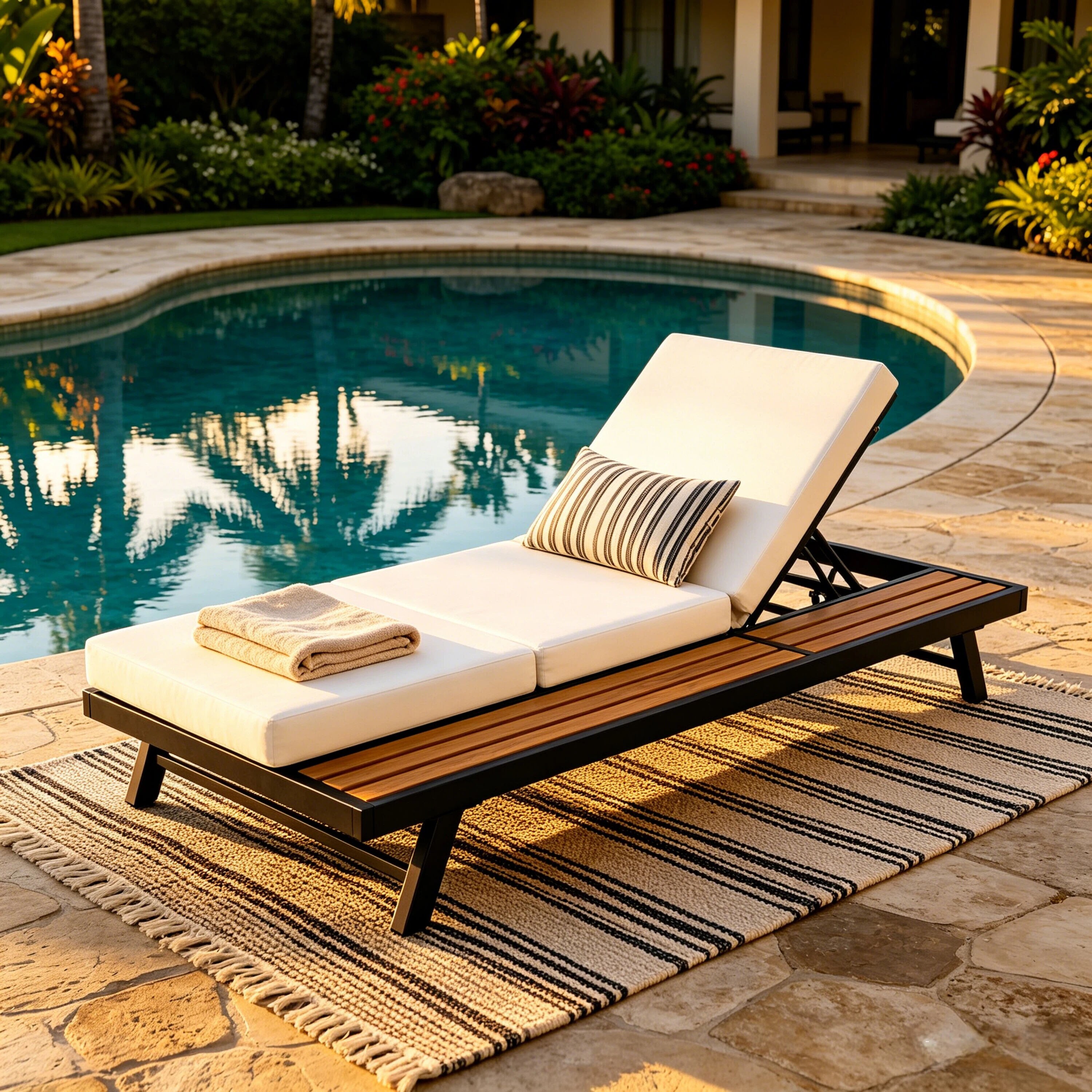 Tinyhomie Black Iron Teak Finish Chaise Lounge Set with Cream Cushion ...