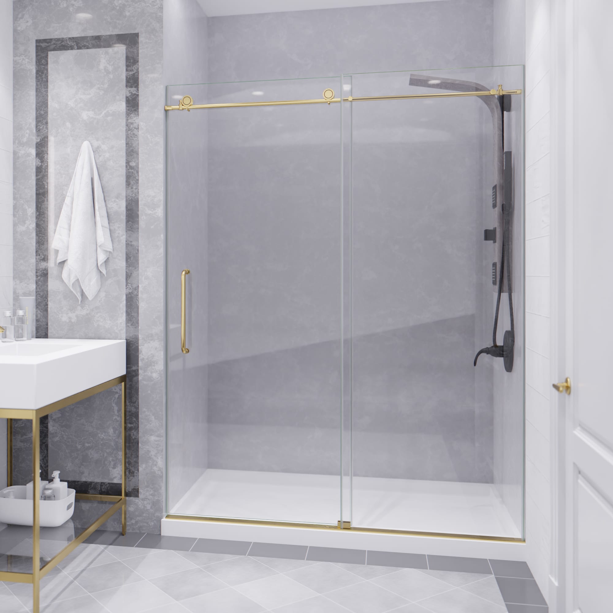 ANZZI SD-AZ13-02BG Madam Brushed Gold 60-in W x 76-in H Frameless Sliding Shower Door 3/8-in Thick Clear Glass